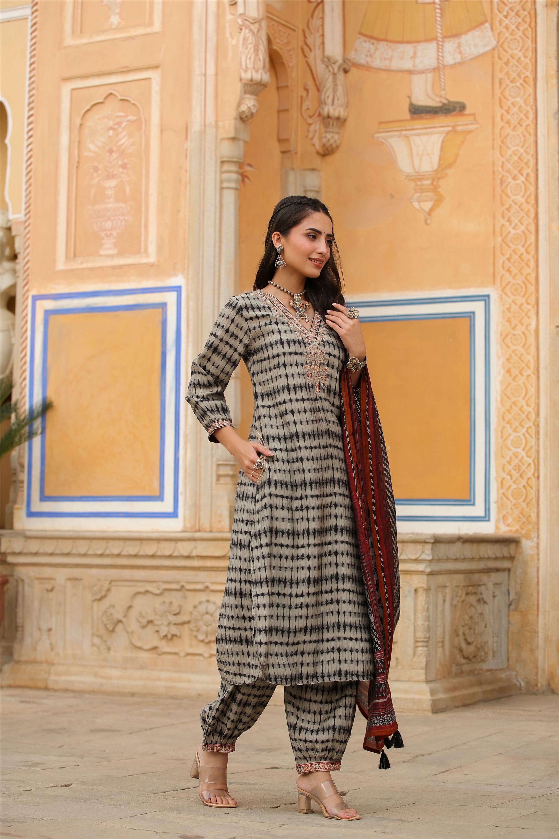 Black Modal Muslin Printed Pathani Suit Set