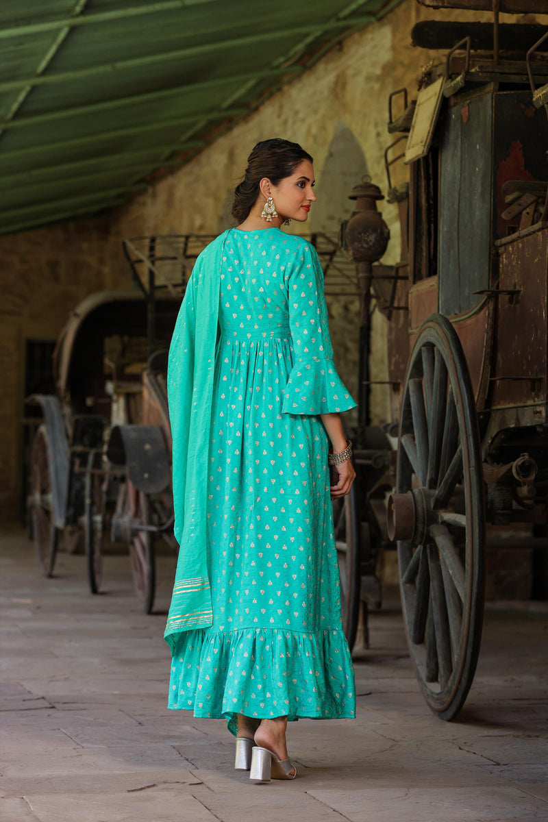 Turquoise Cotton Jacquard Dress With Dupatta SCAKHI