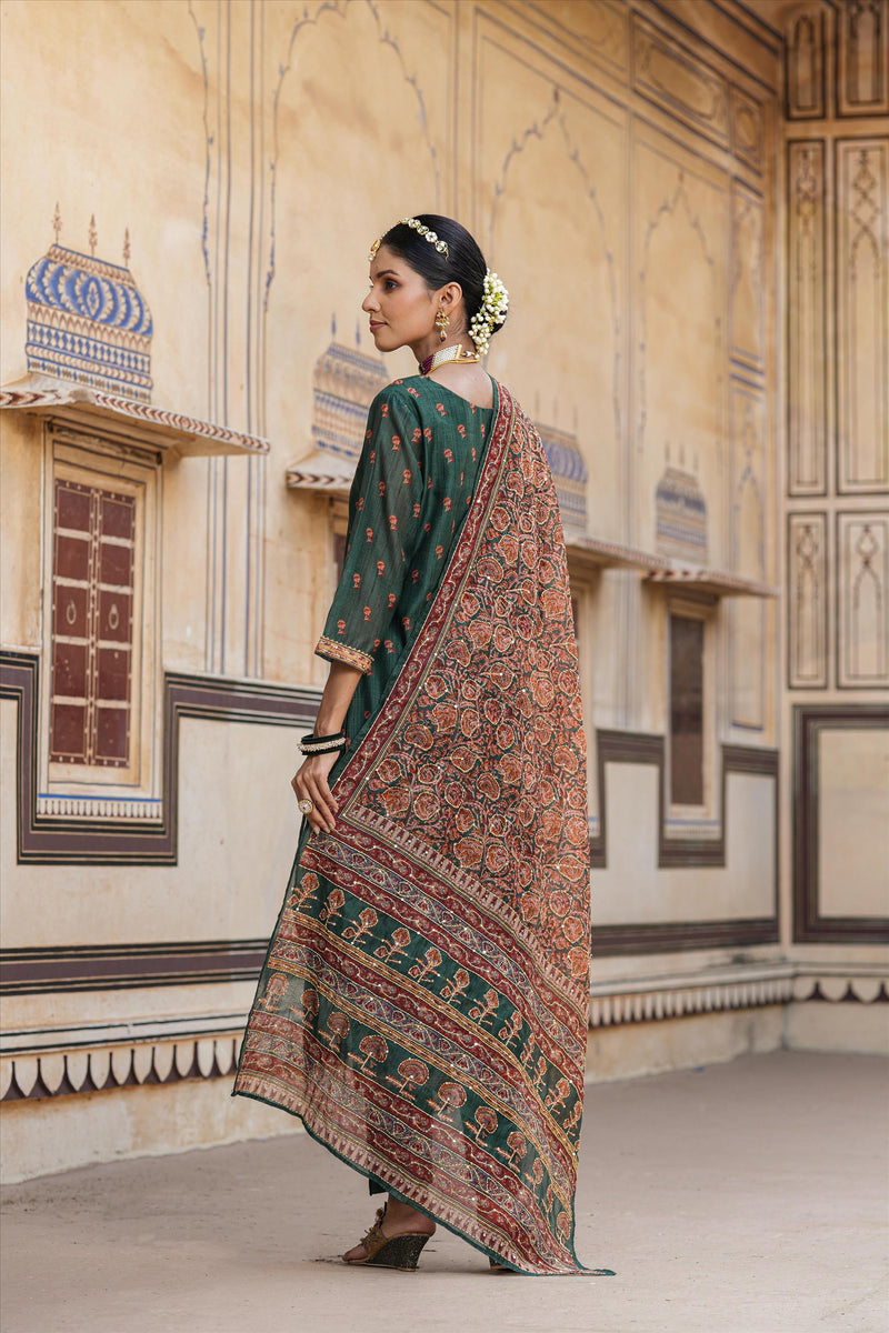 Green - Hand Embroidery Khes Handwoven Cotton Kantha Dupatta 08