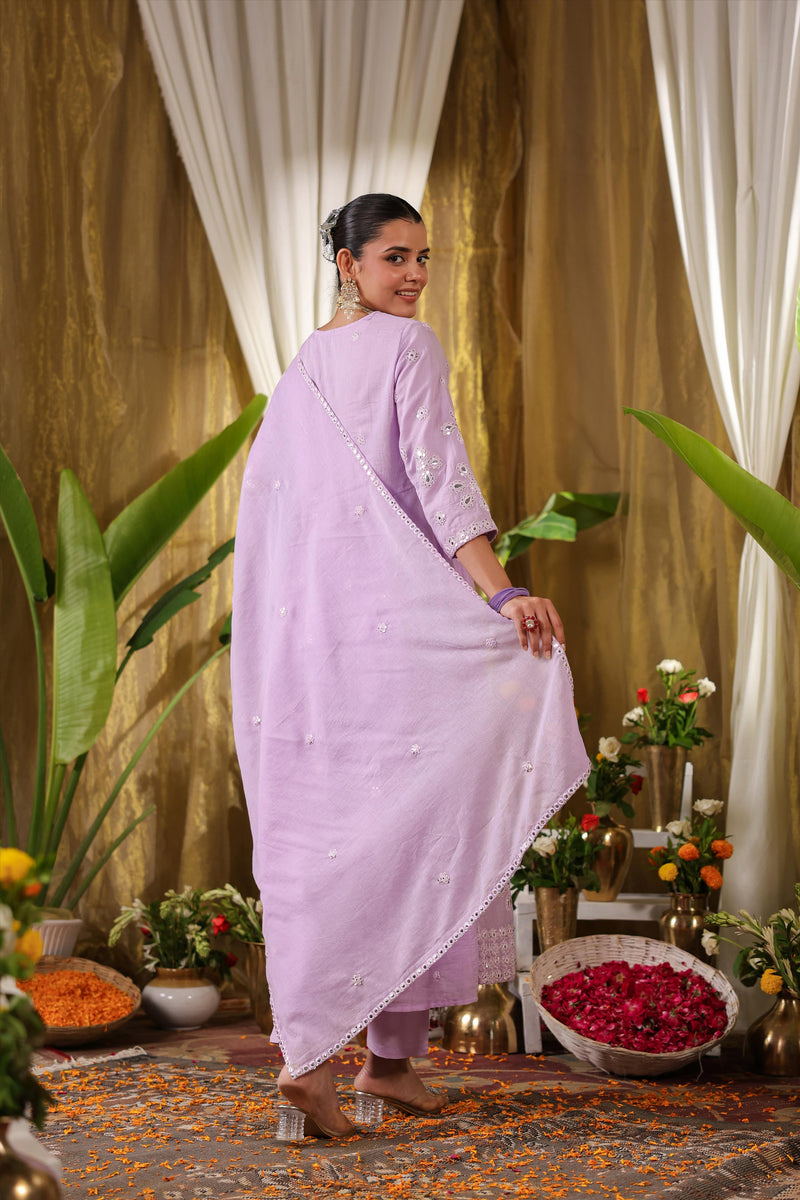 Lavender Printed Pure Cotton Anarkali Suit Sets With Dupatta