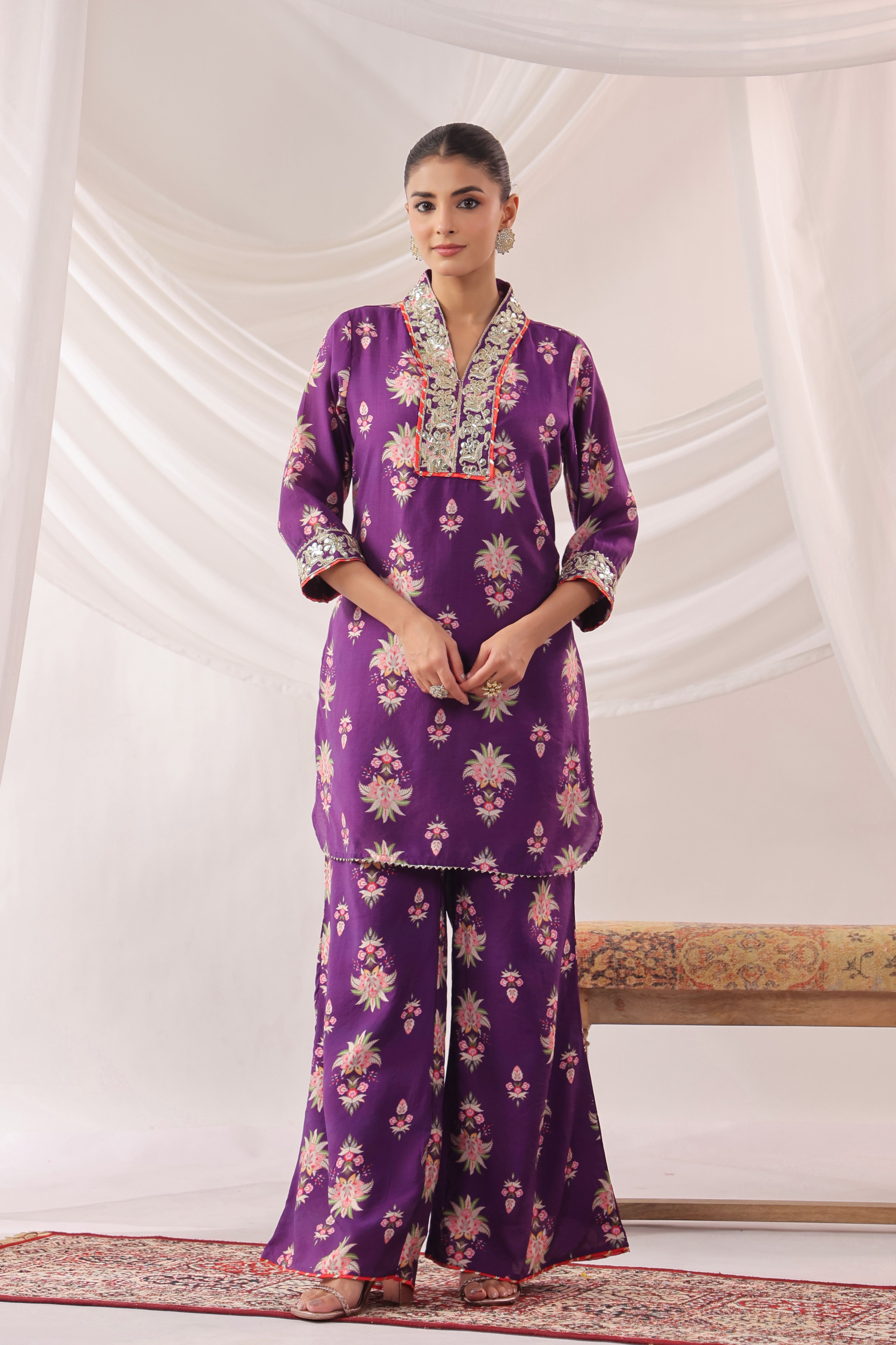 Purple Chanderi Silk Floral Printed Co-ord Set