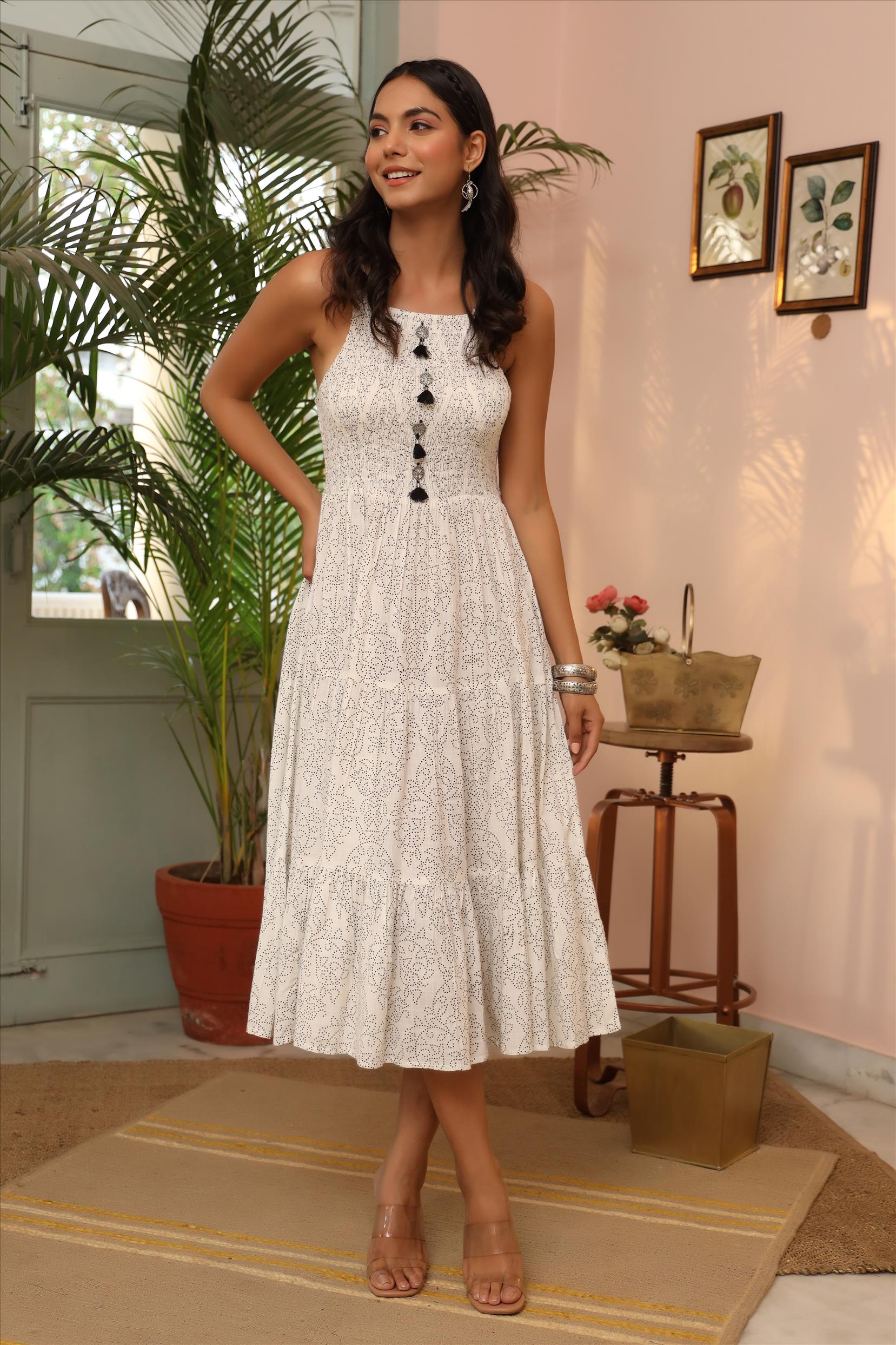 Black Rayon Bandhani Print Smoking Tiered Dress With Schiffli Cotton Jacket