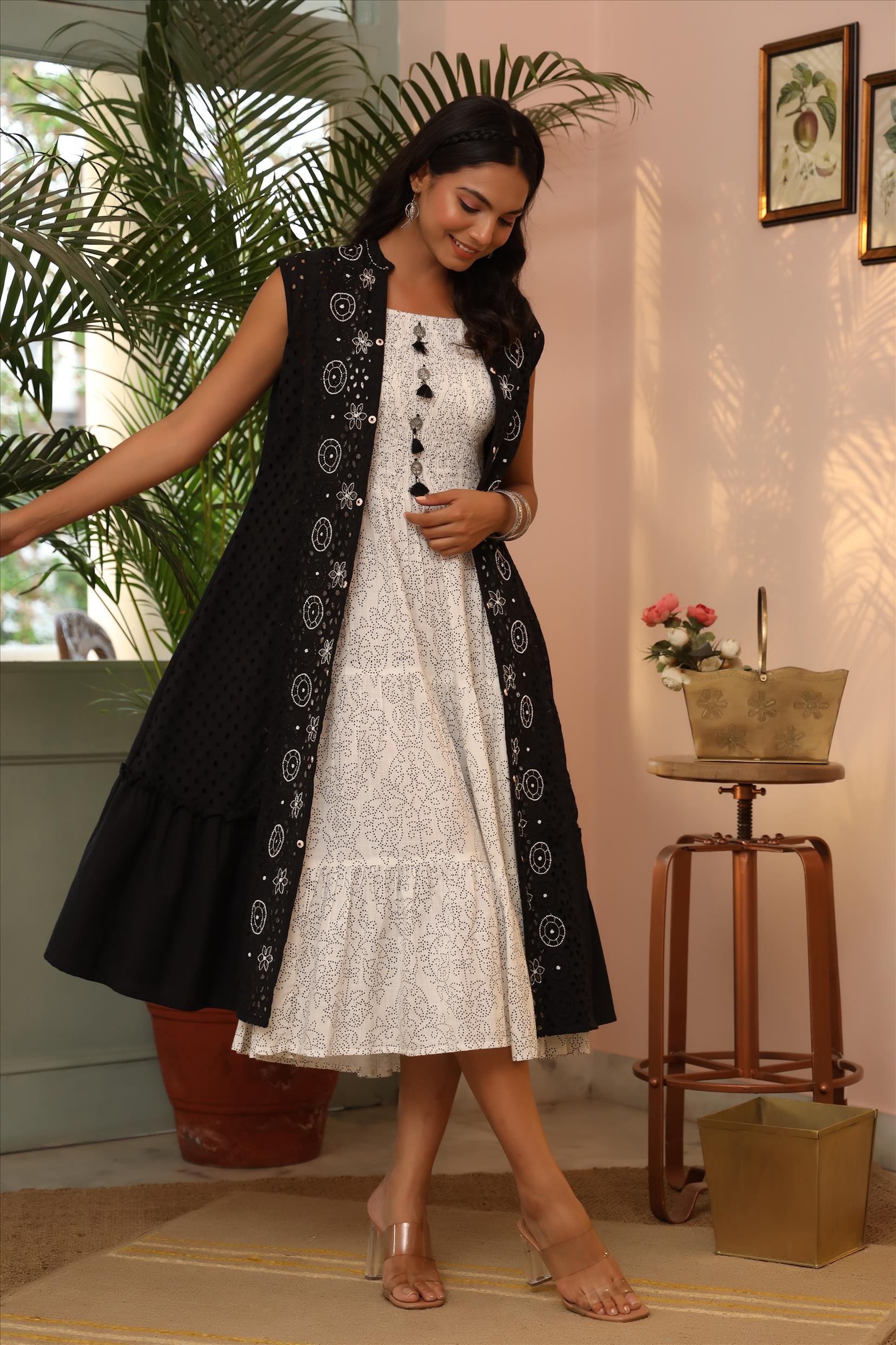 Black Rayon Bandhani Print Smoking Tiered Dress With Schiffli Cotton Jacket