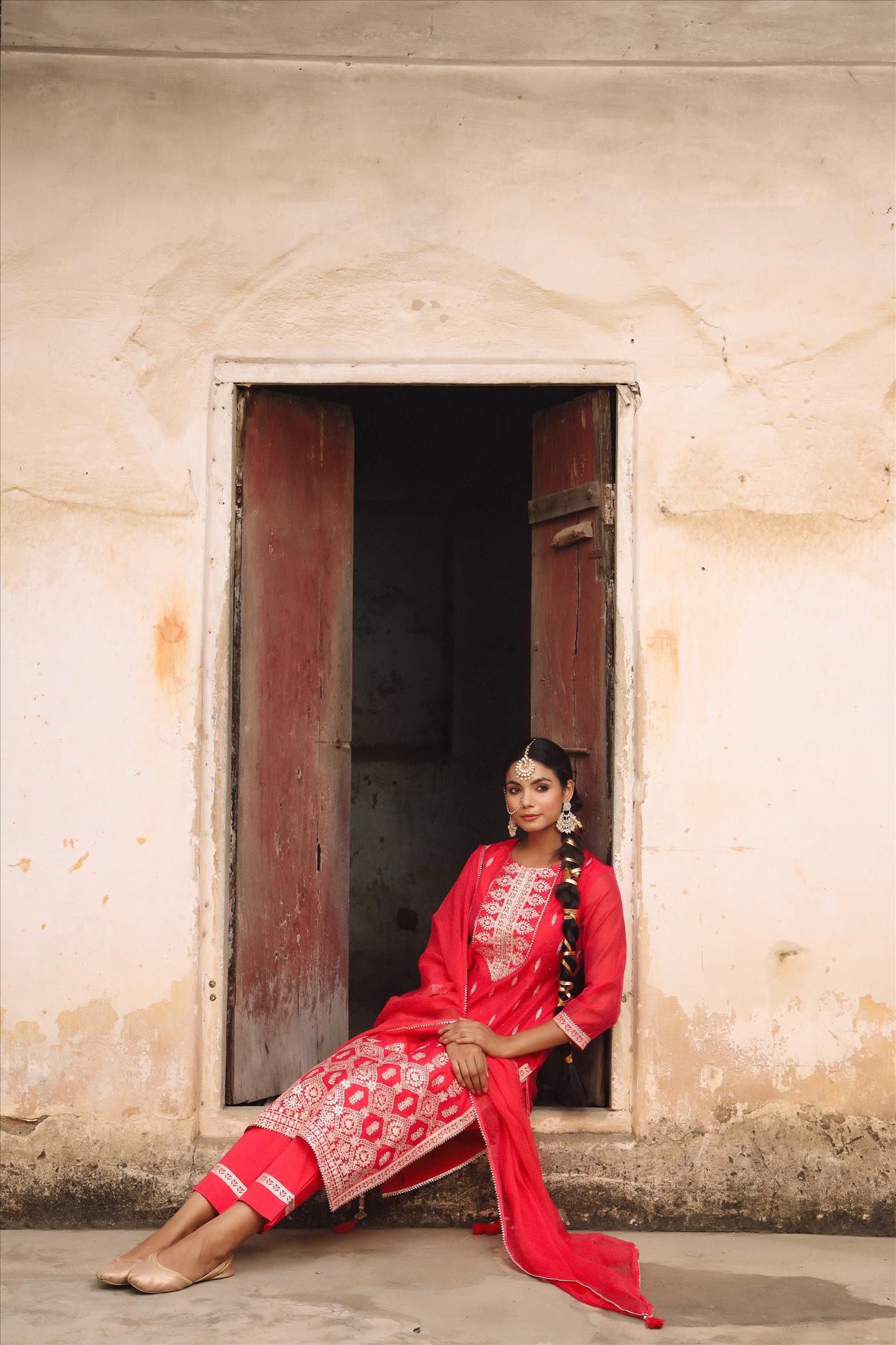 Coral Chanderi Foil Print Kurta Pant Dupatta Suit Set