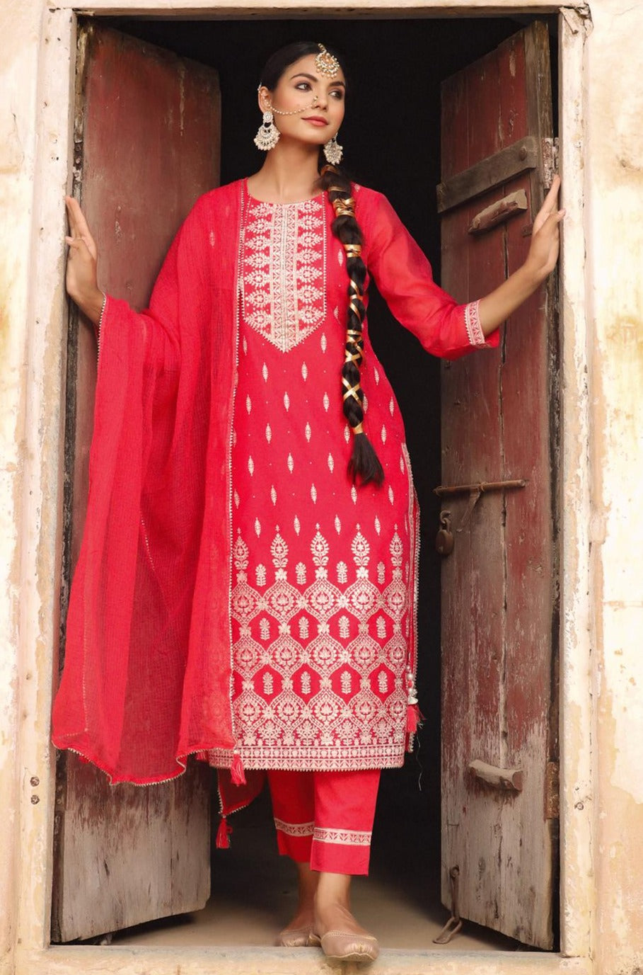 Coral Chanderi Foil Print Kurta Pant Dupatta Suit Set