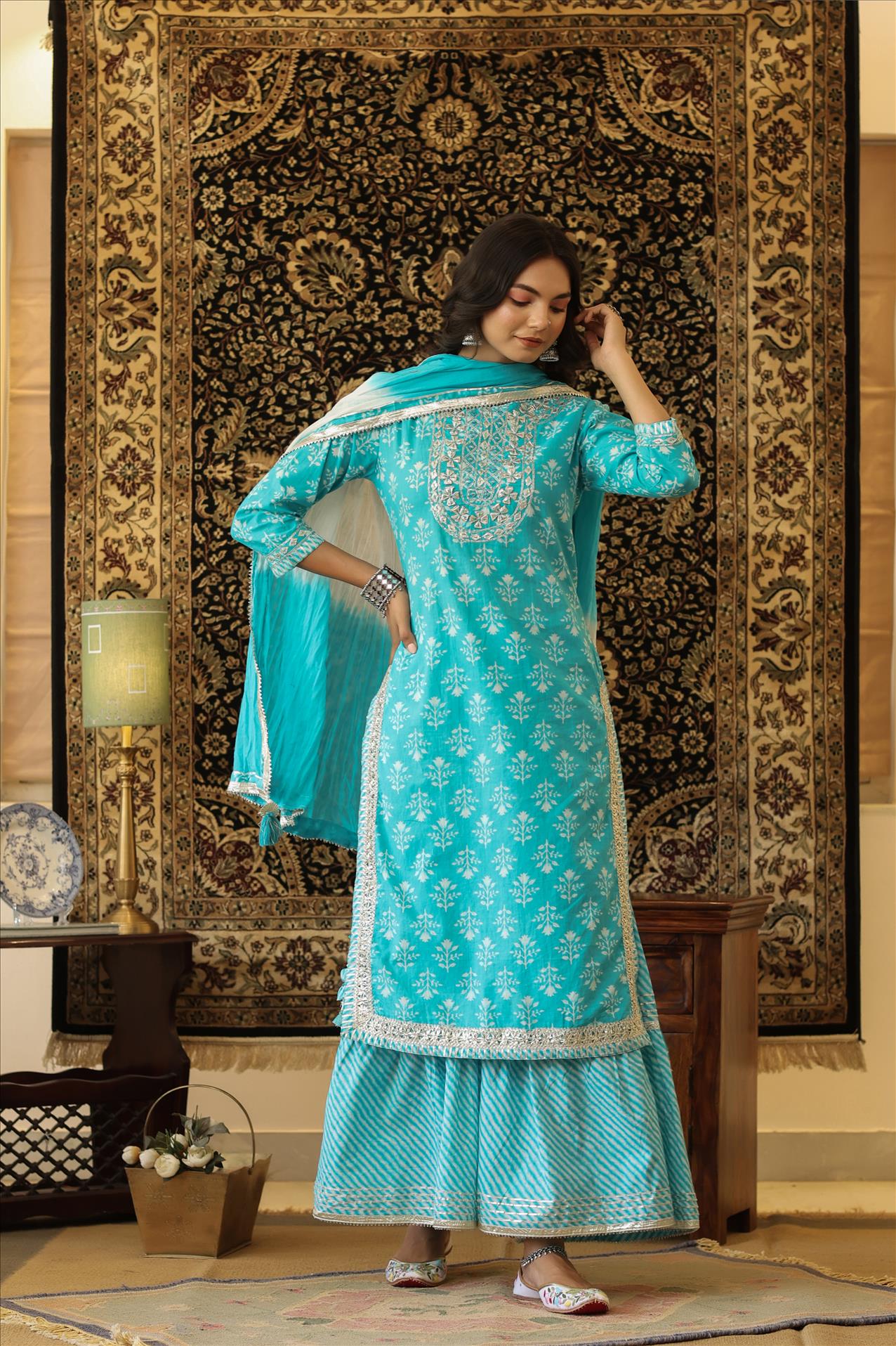 AQUA COTTON LEHERIYA GOTA KURTA SHARARA DUPATTA SUIT SET (3 PC)