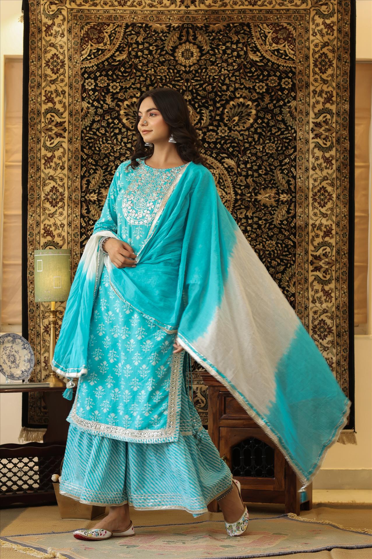 AQUA COTTON LEHERIYA GOTA KURTA SHARARA DUPATTA SUIT SET (3 PC)