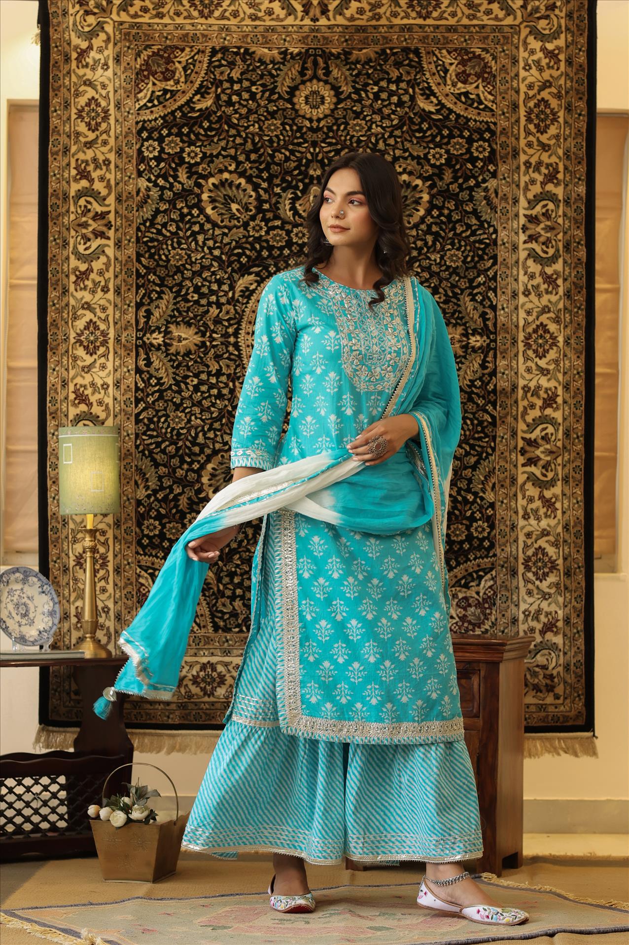 AQUA COTTON LEHERIYA GOTA KURTA SHARARA DUPATTA SUIT SET (3 PC)