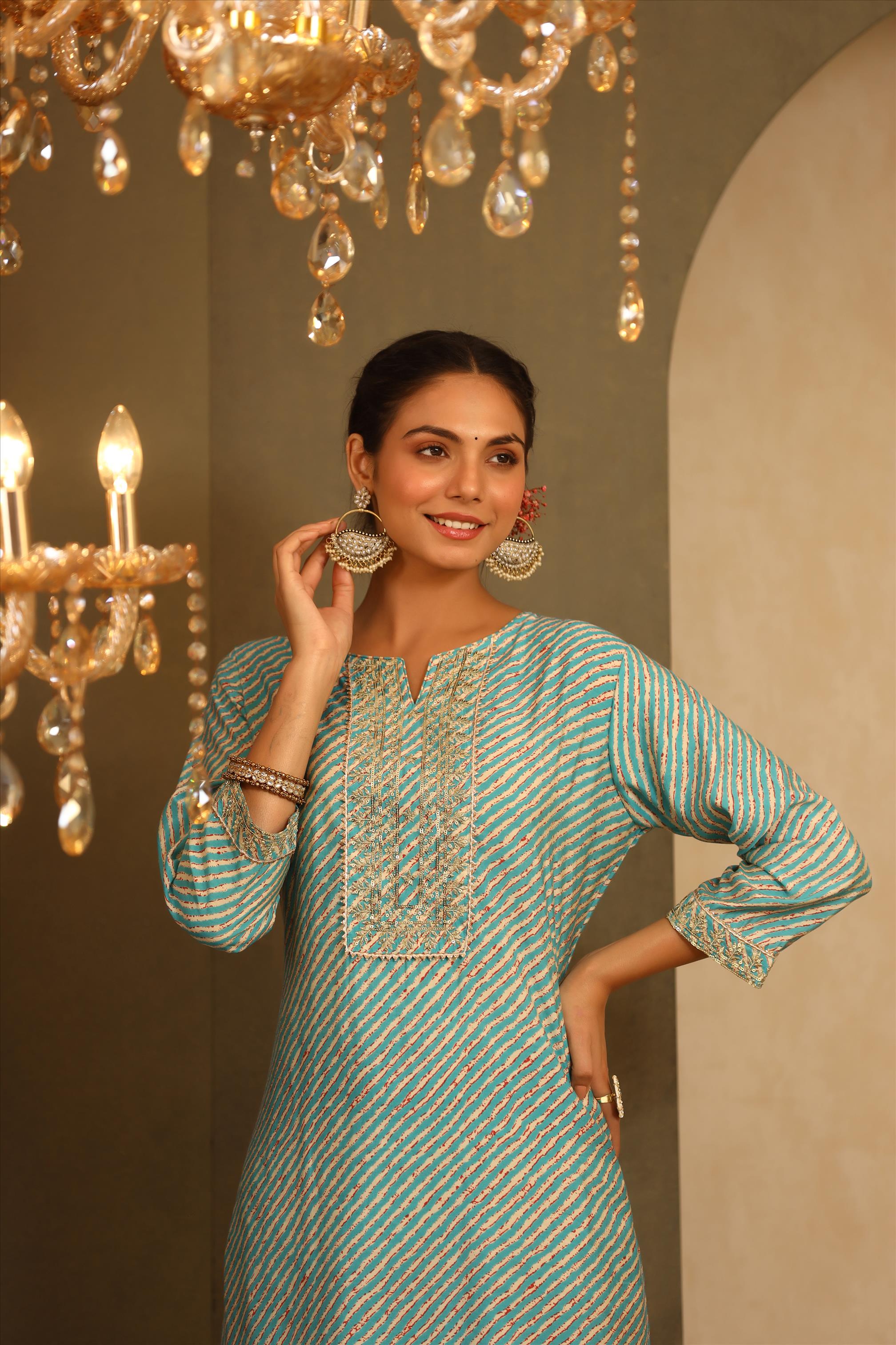 Blue Modal Chanderi Yoke Design A-Line Kurta