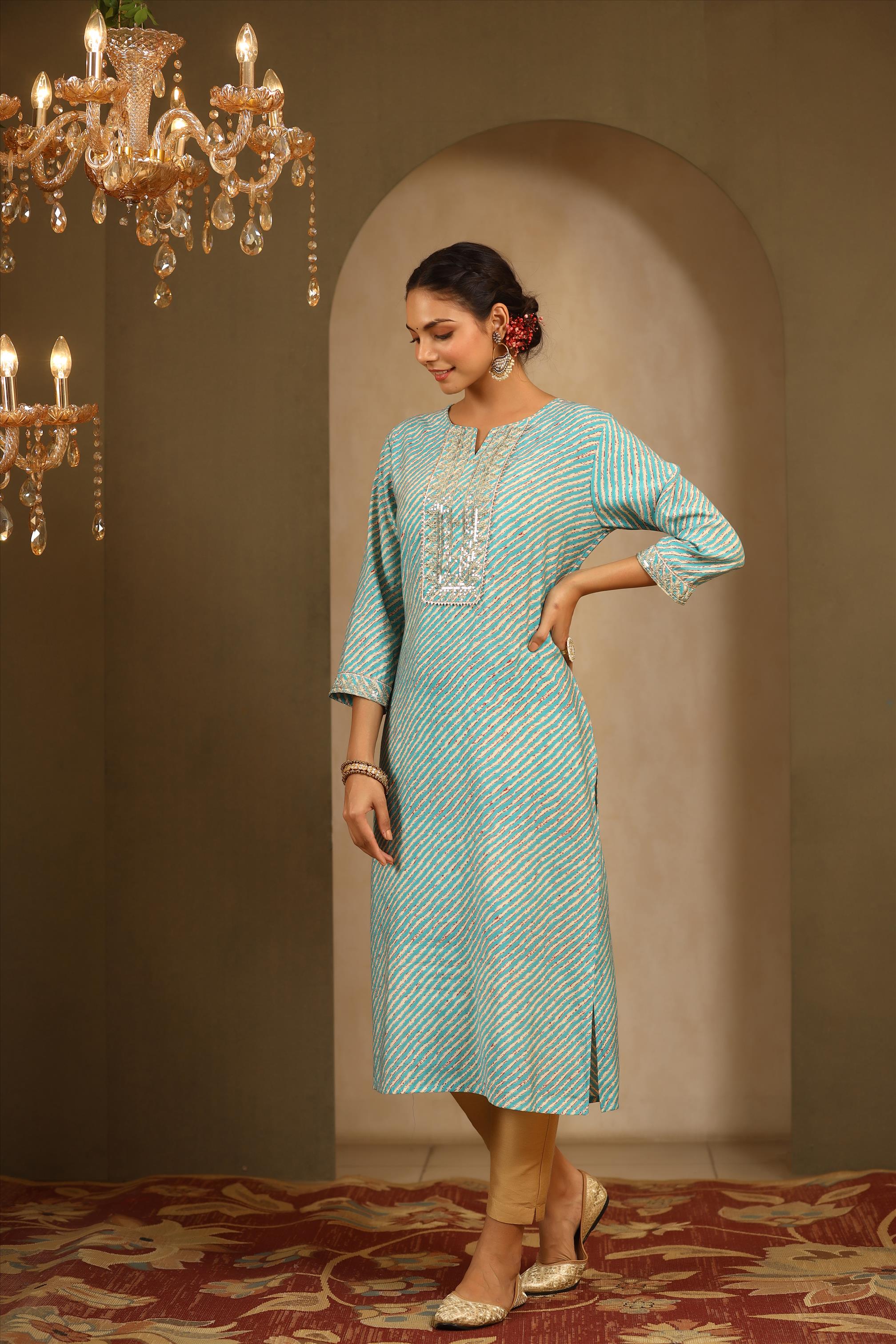 Blue Modal Chanderi Yoke Design A-Line Kurta