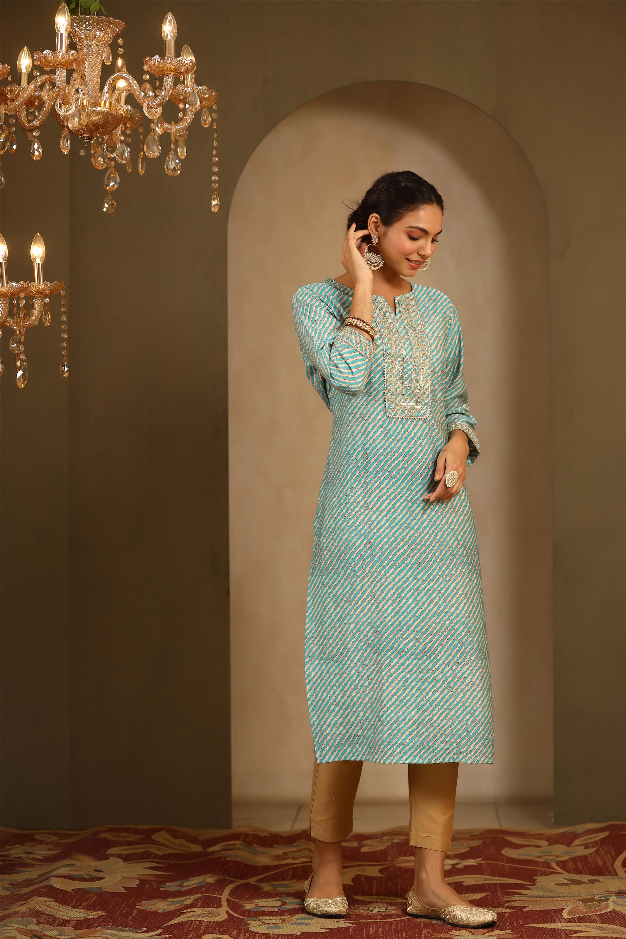 Blue Modal Chanderi Yoke Design A-Line Kurta