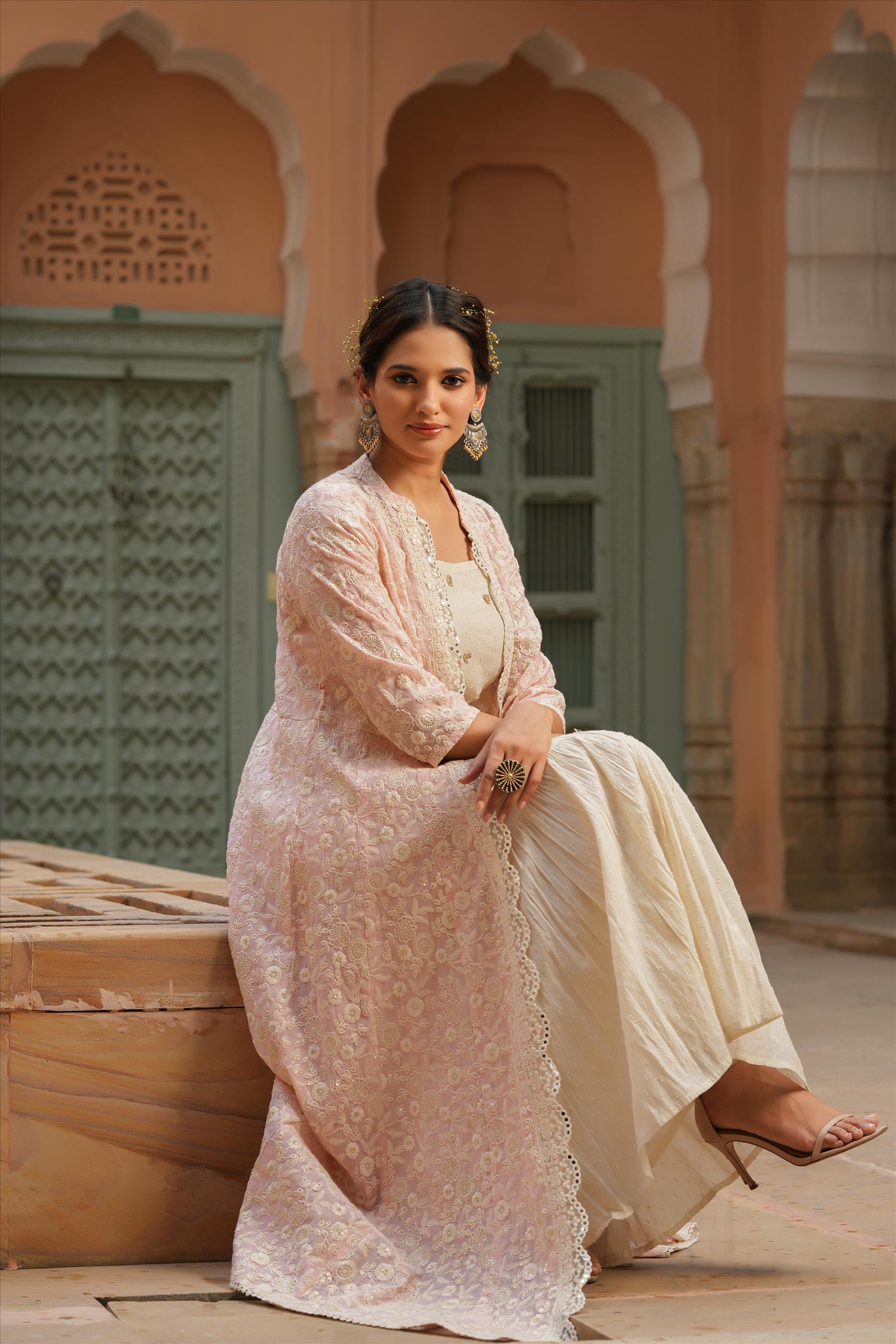 Lavender Cotton Dobby Anarkali Dress With Chanderi Chikankari Jacket