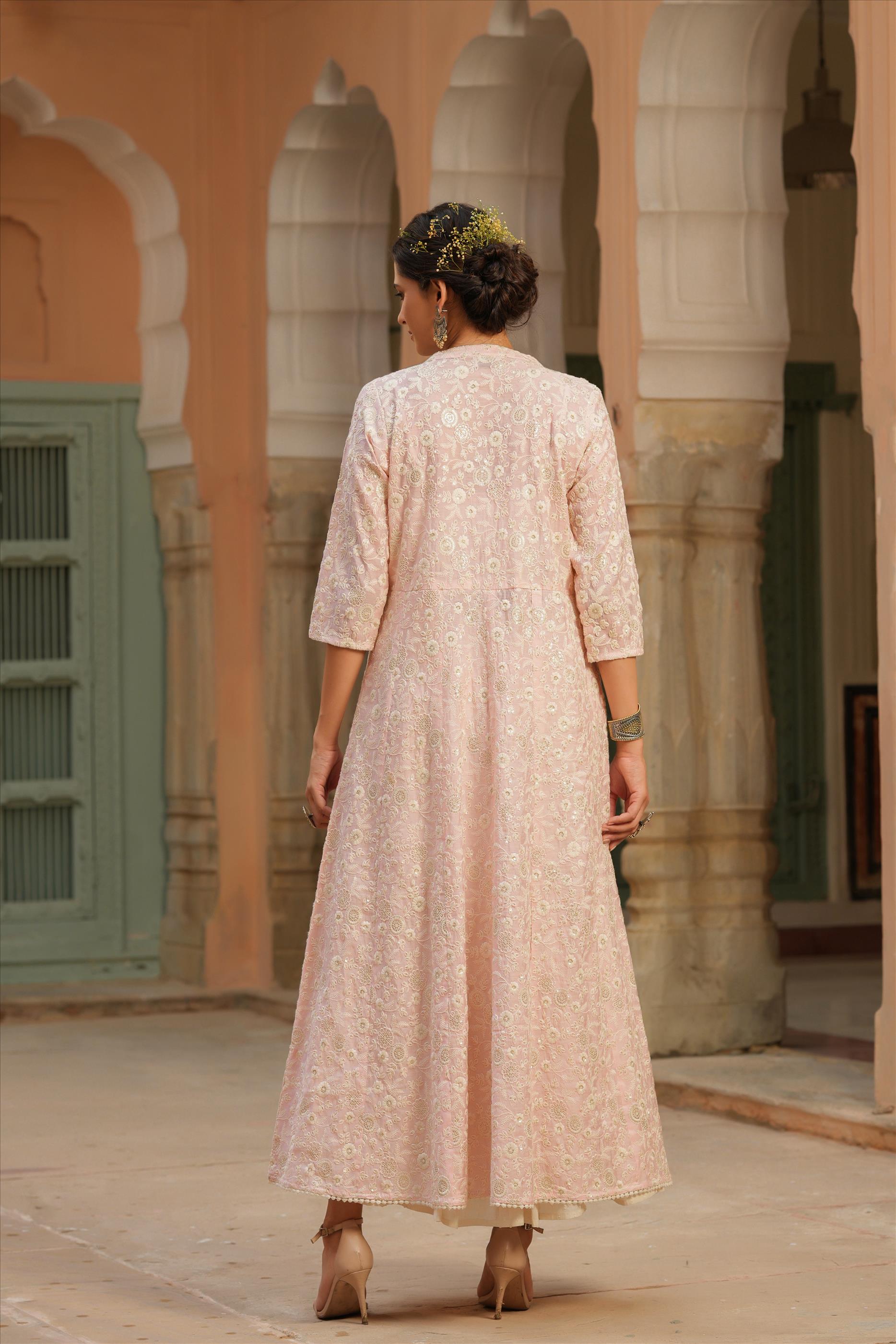 Lavender Cotton Dobby Anarkali Dress With Chanderi Chikankari Jacket