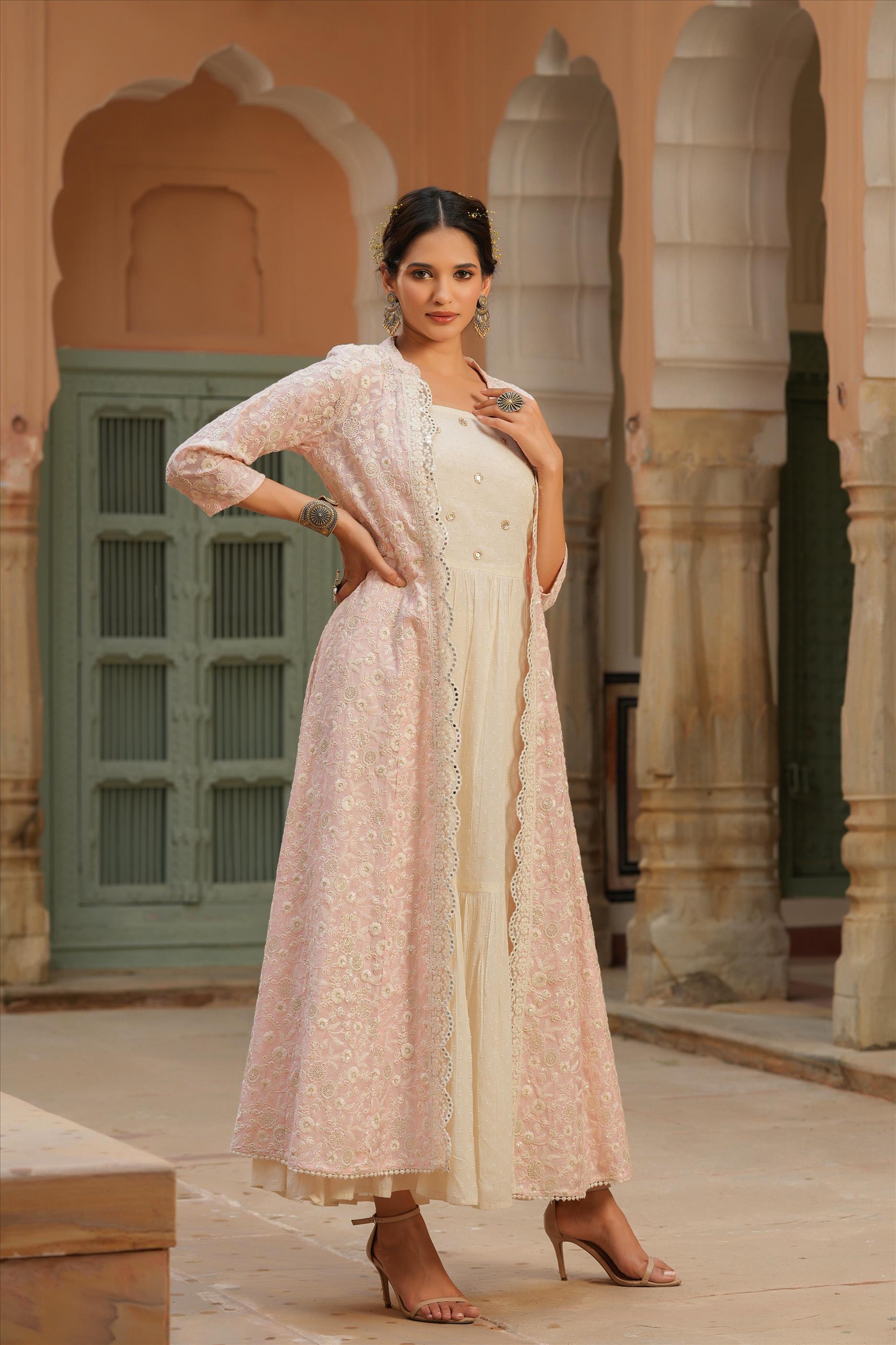 Lavender Cotton Dobby Anarkali Dress With Chanderi Chikankari Jacket