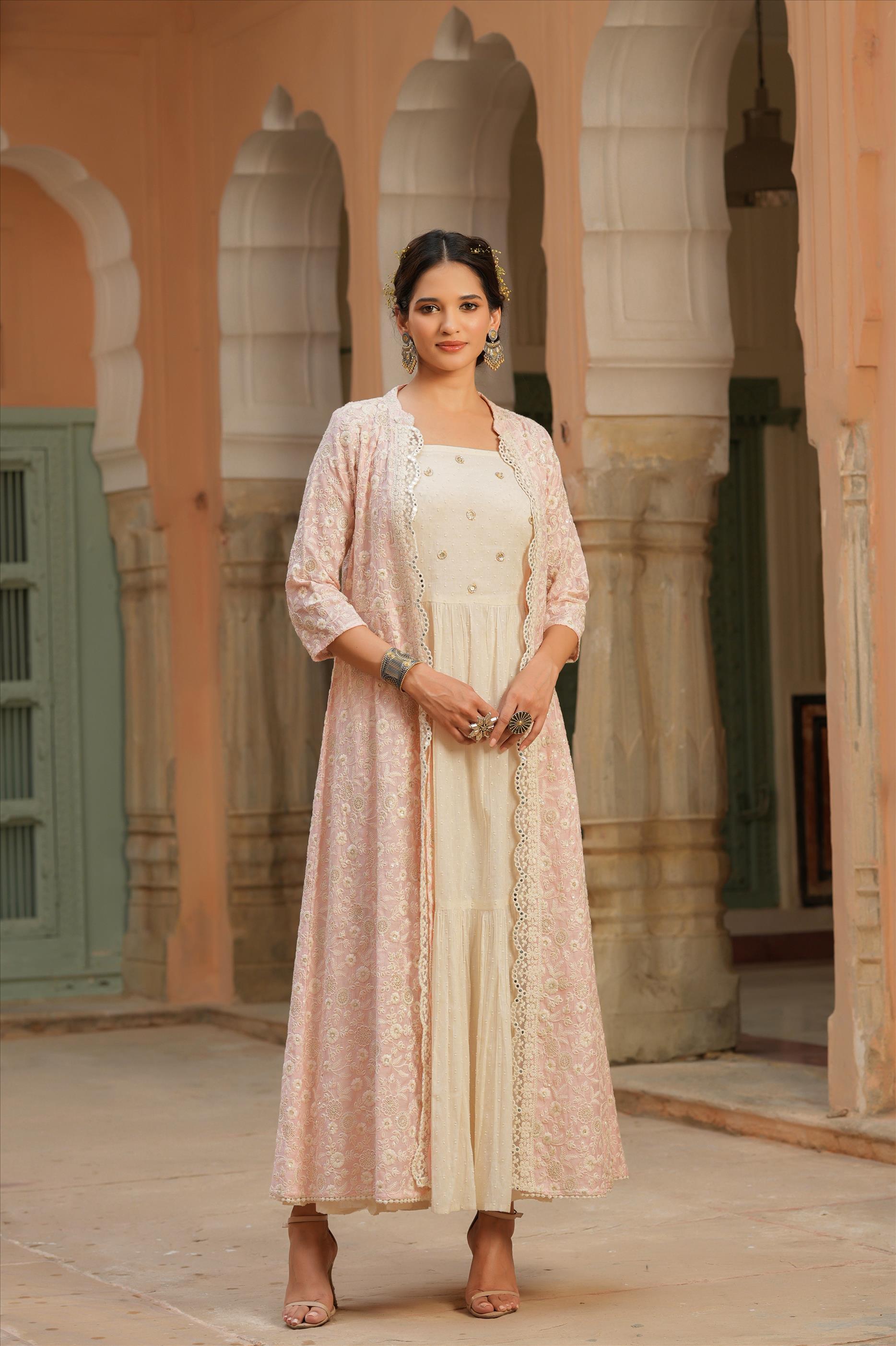 Lavender Cotton Dobby Anarkali Dress With Chanderi Chikankari Jacket