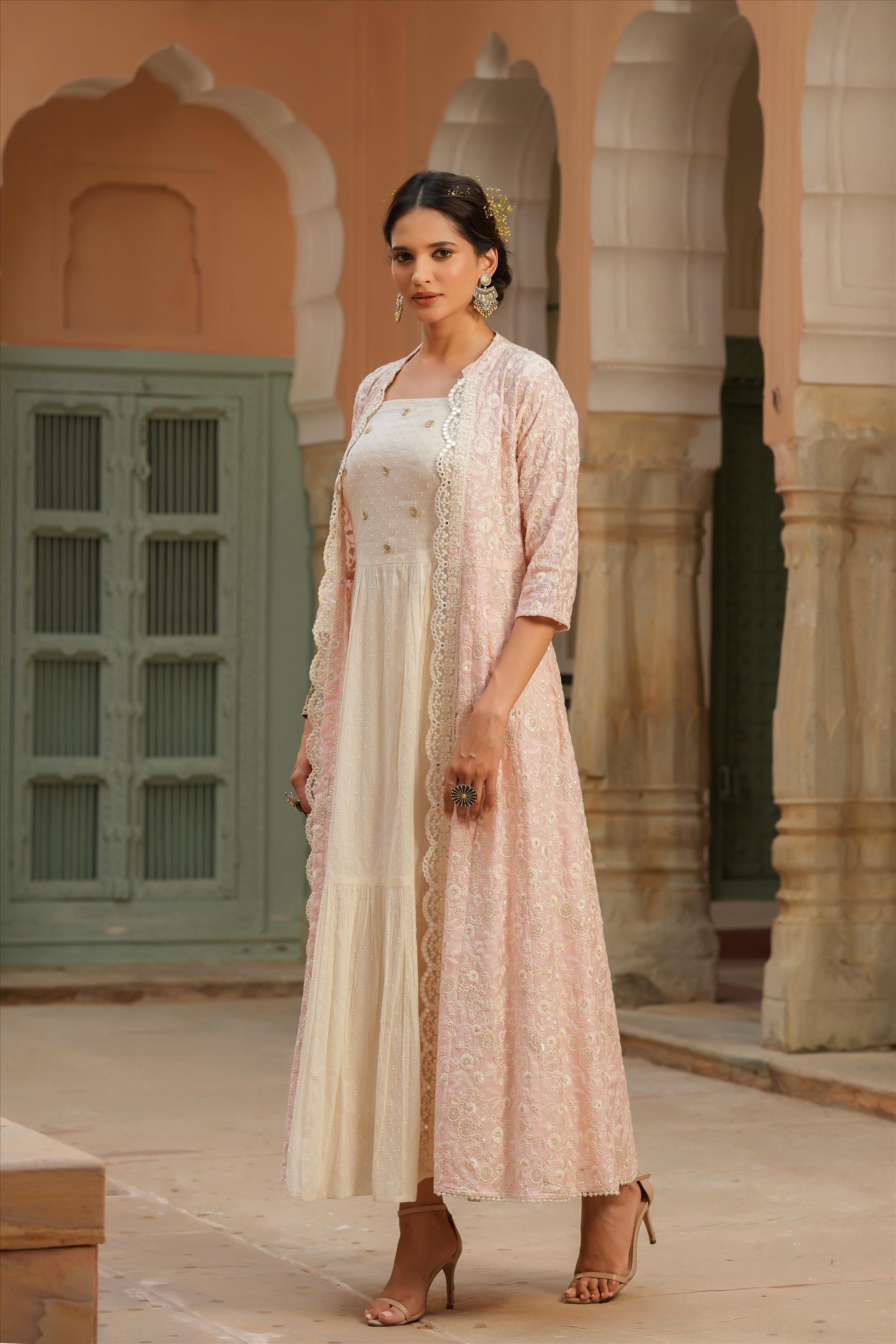 Lavender Cotton Dobby Anarkali Dress With Chanderi Chikankari Jacket