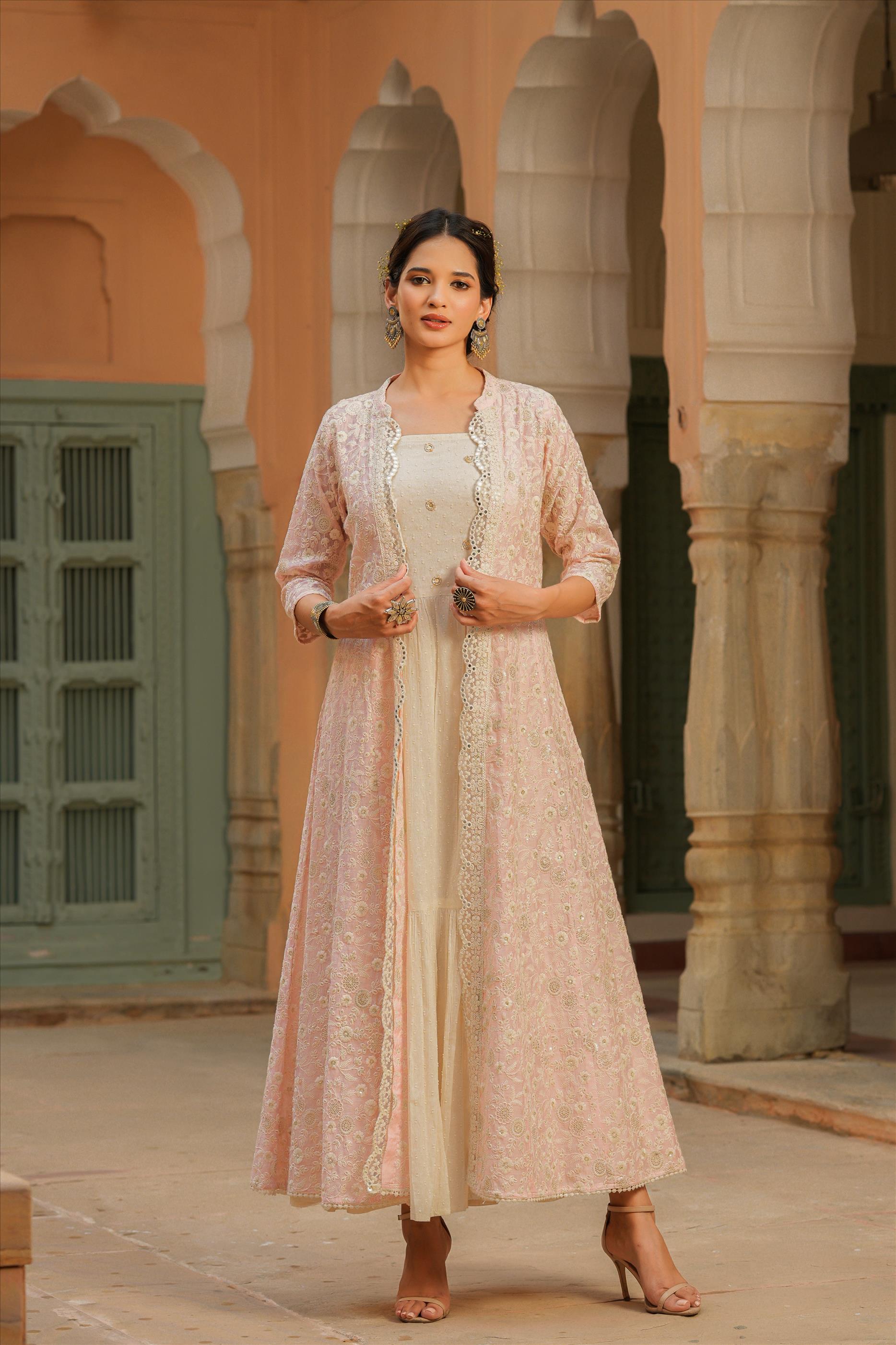 Lavender Cotton Dobby Anarkali Dress With Chanderi Chikankari Jacket