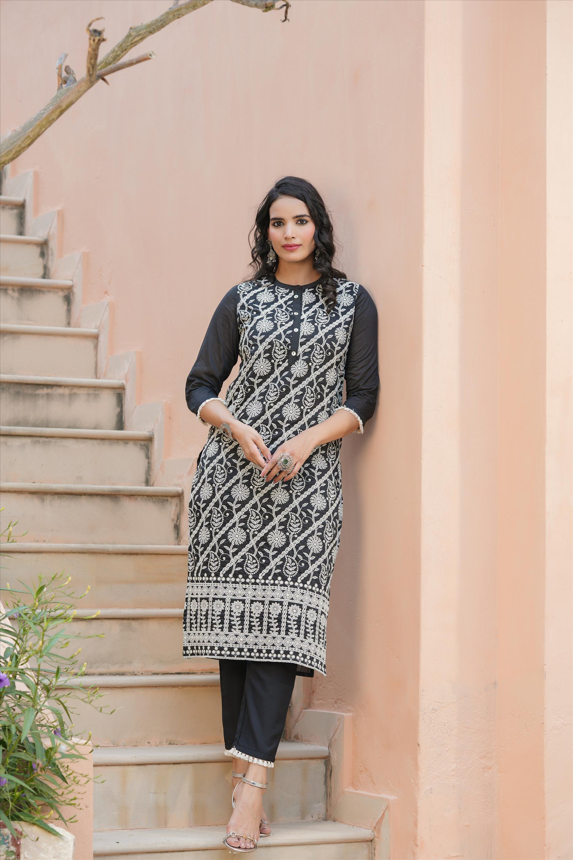 Black Viscose Chanderi Silk Chikankari Embroidered Co-Ord Set