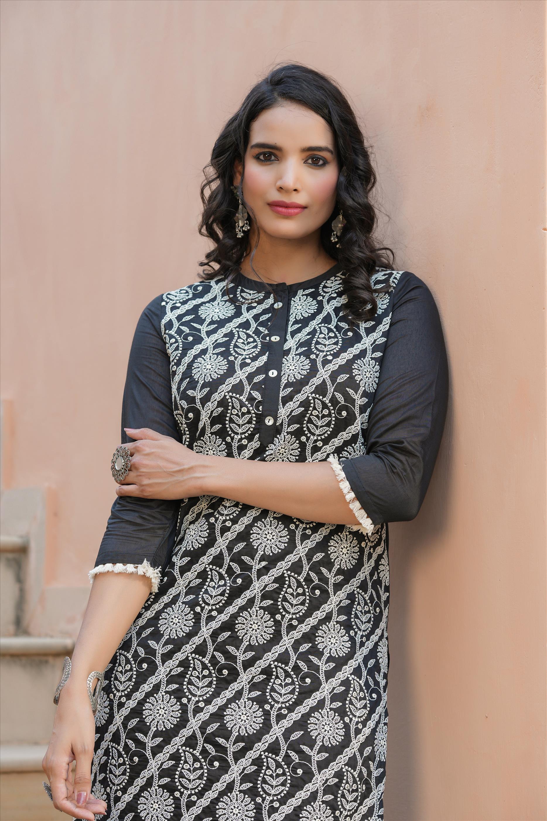 Black Viscose Chanderi Silk Chikankari Embroidered Co-Ord Set