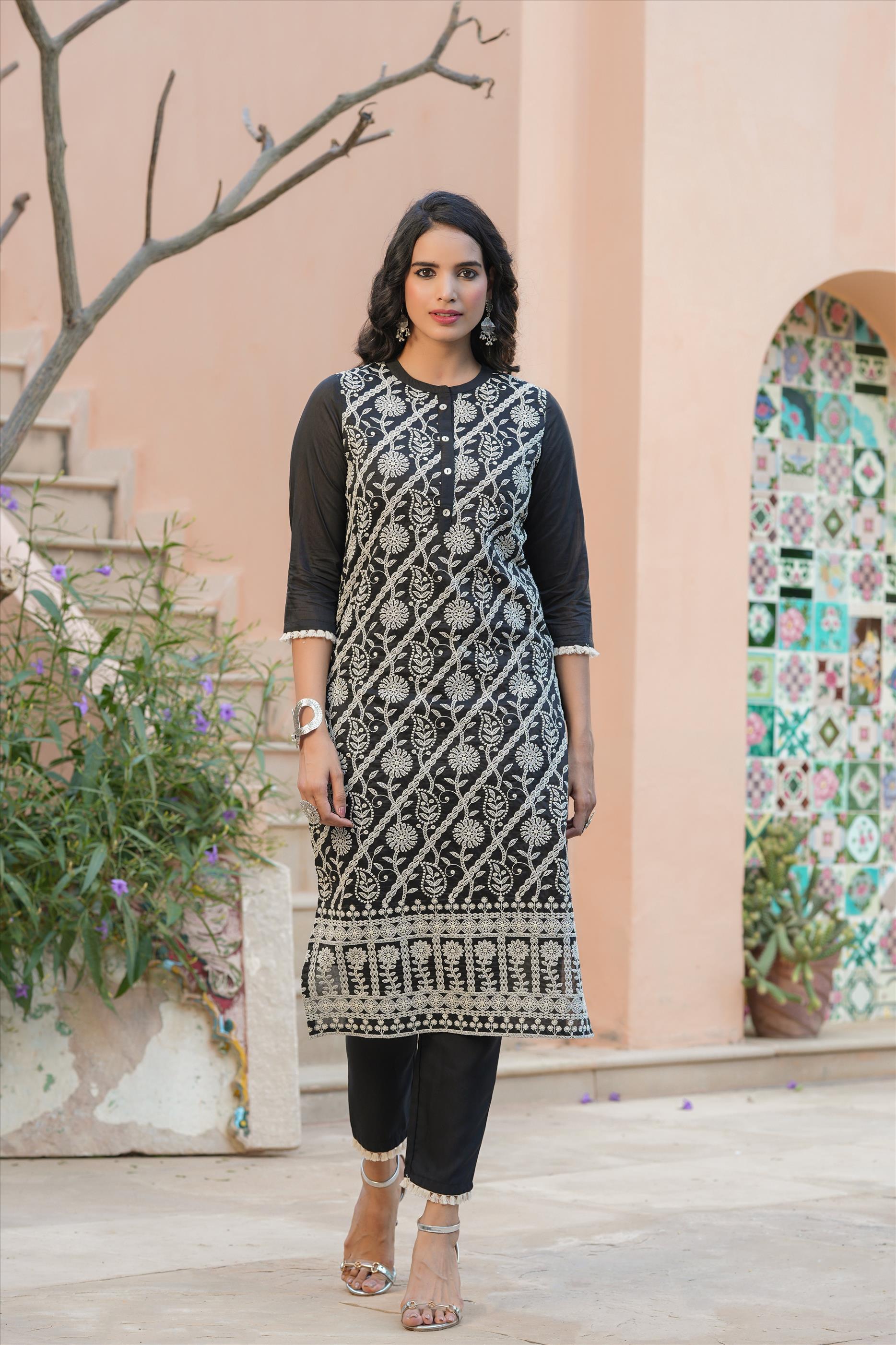 Black Viscose Chanderi Silk Chikankari Embroidered Co-Ord Set