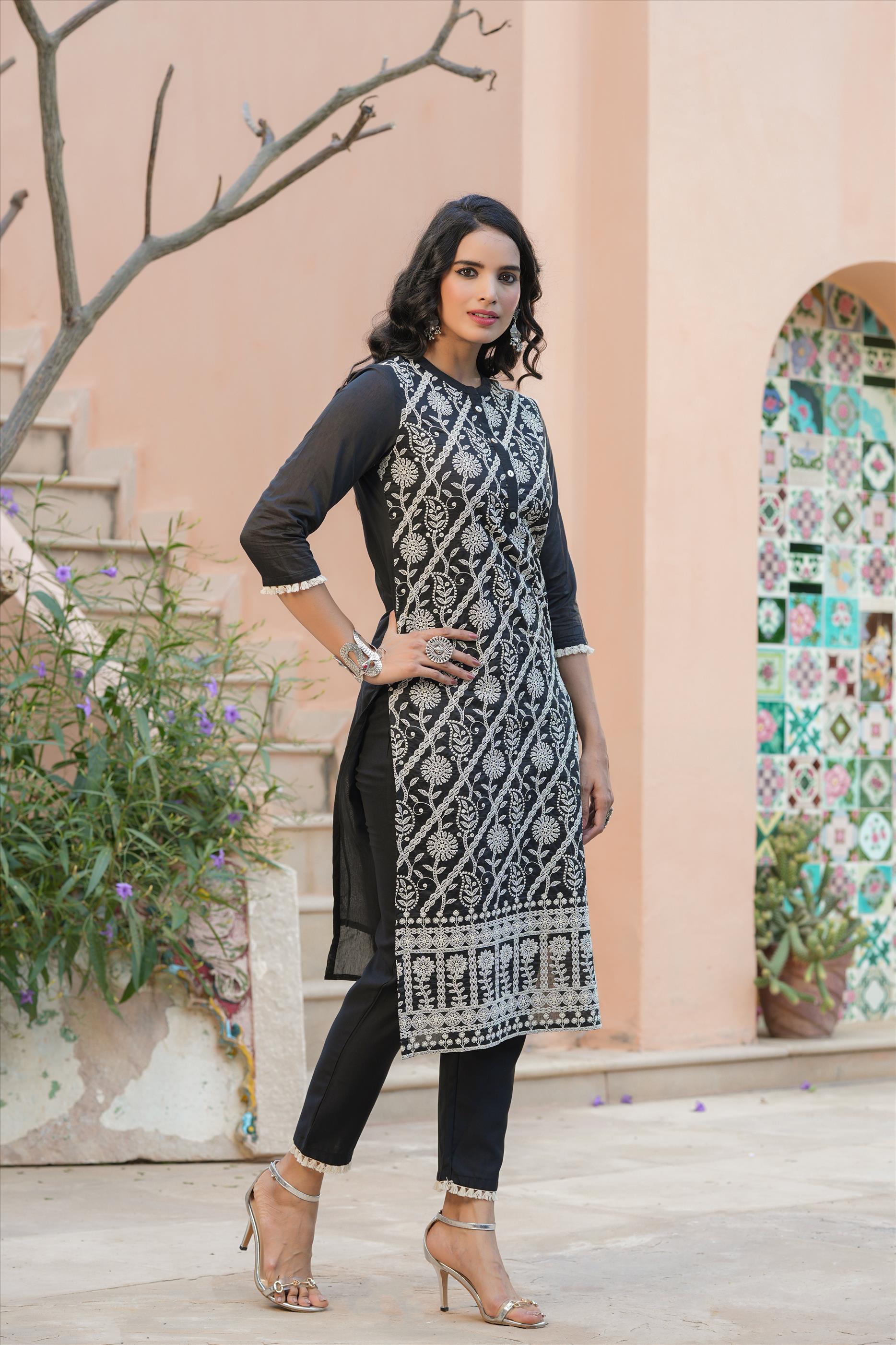 Black Viscose Chanderi Silk Chikankari Embroidered Co-Ord Set