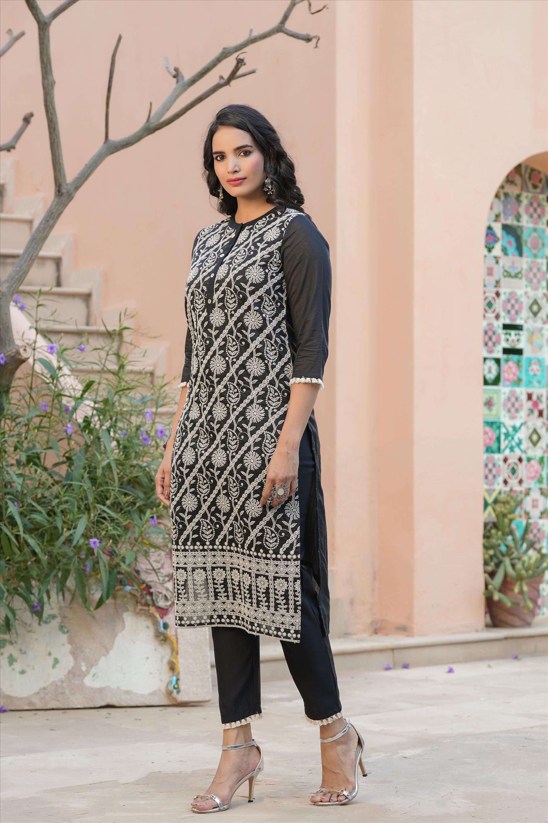 Black Viscose Chanderi Silk Chikankari Embroidered Co-Ord Set