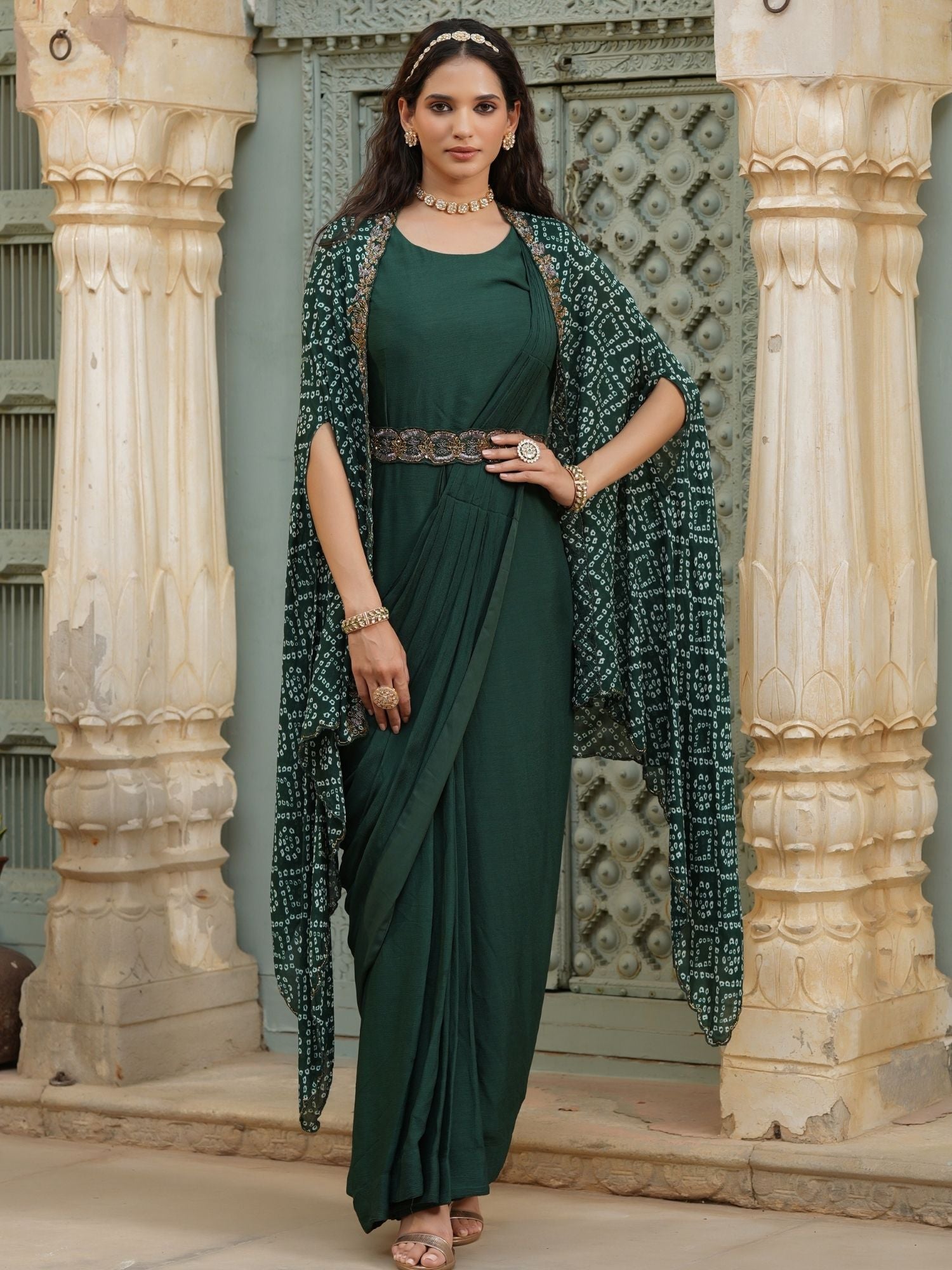 Green Chinon Silk Ready To Wear Saree Dress With Chinon Silk Leheriya Print Cape & Embroidered Belt