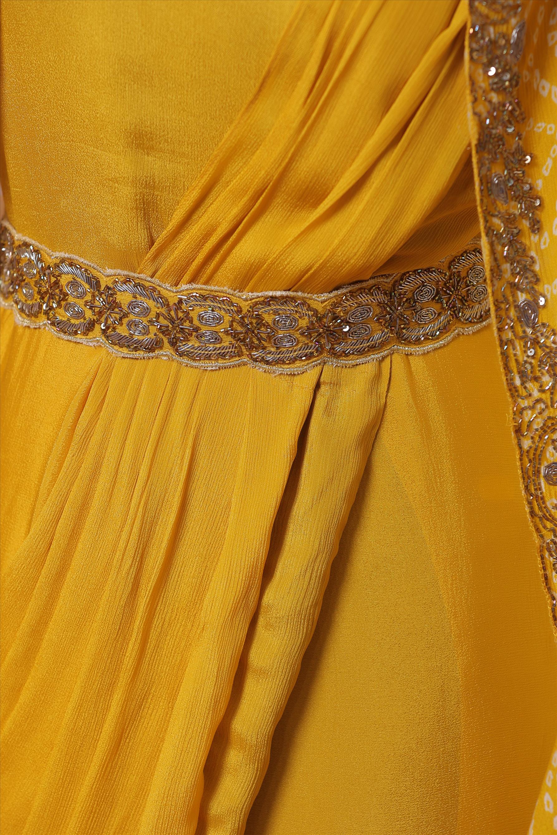 Mustard Chinon Silk Ready To Wear Saree Dress With Chinon Silk Leheriya Print Cape And Embroidered Belt