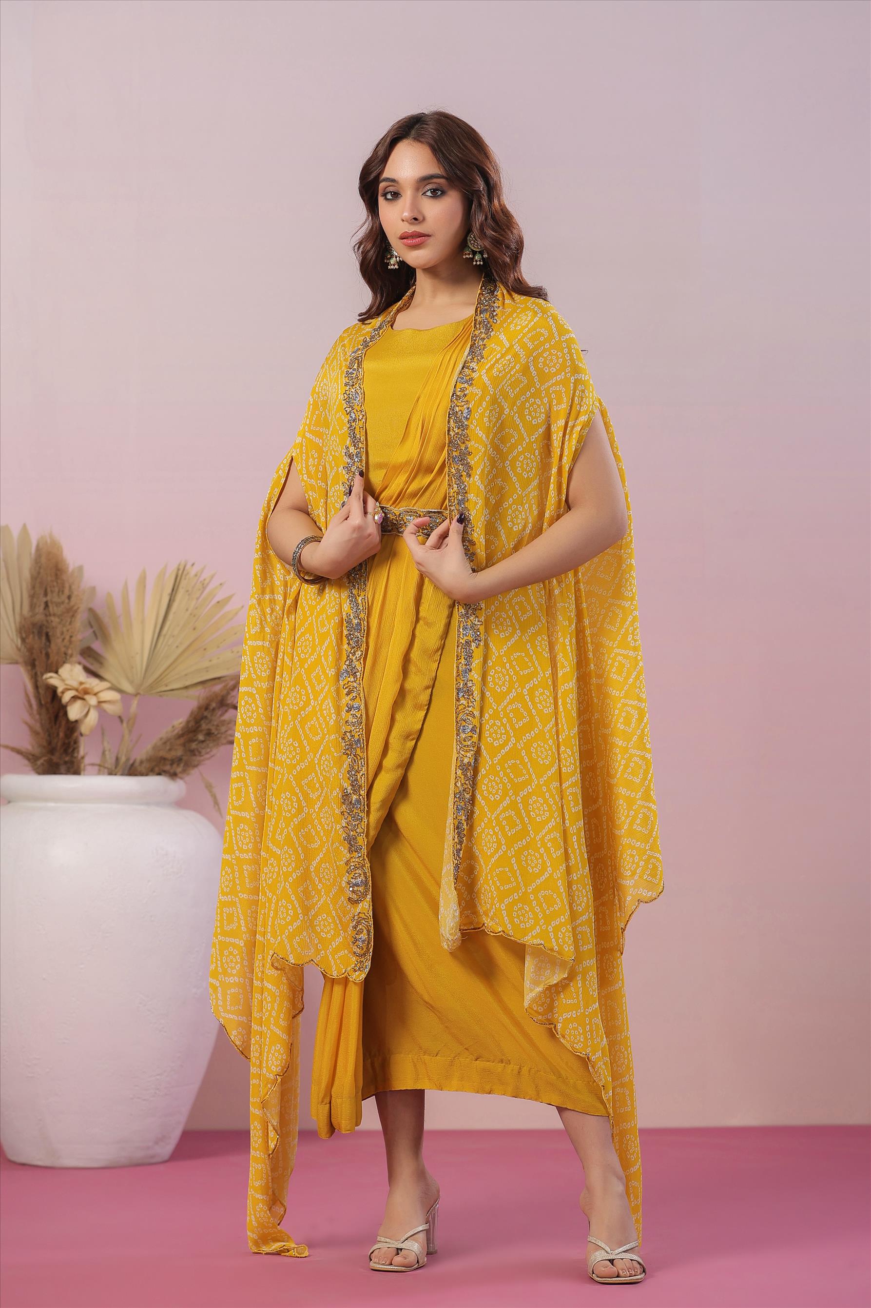 Mustard Chinon Silk Ready To Wear Saree Dress With Chinon Silk Leheriya Print Cape And Embroidered Belt