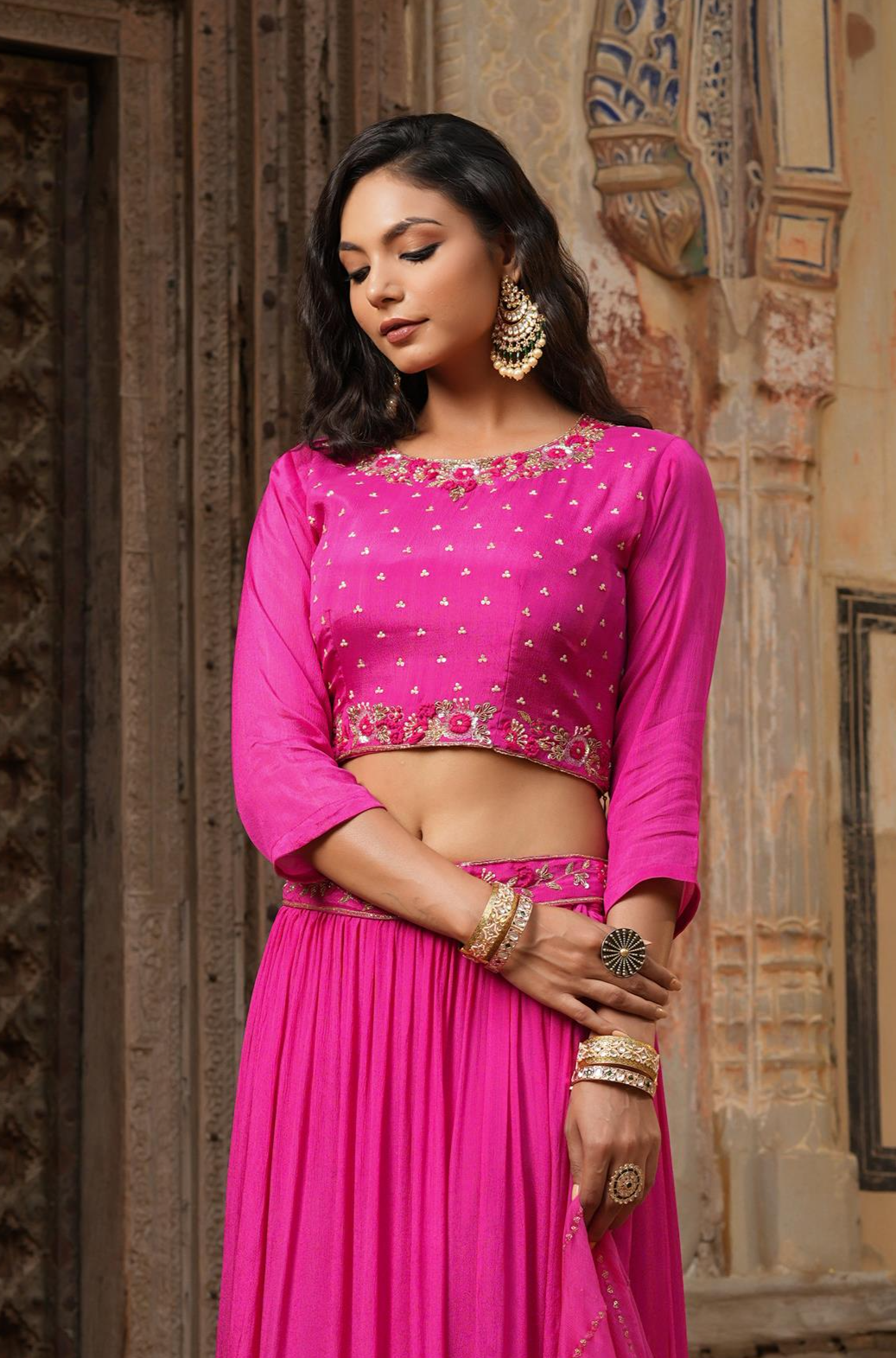 Pink Chinon Silk Phulkari Embellished Lehenga Choli Dupatta Belt Set