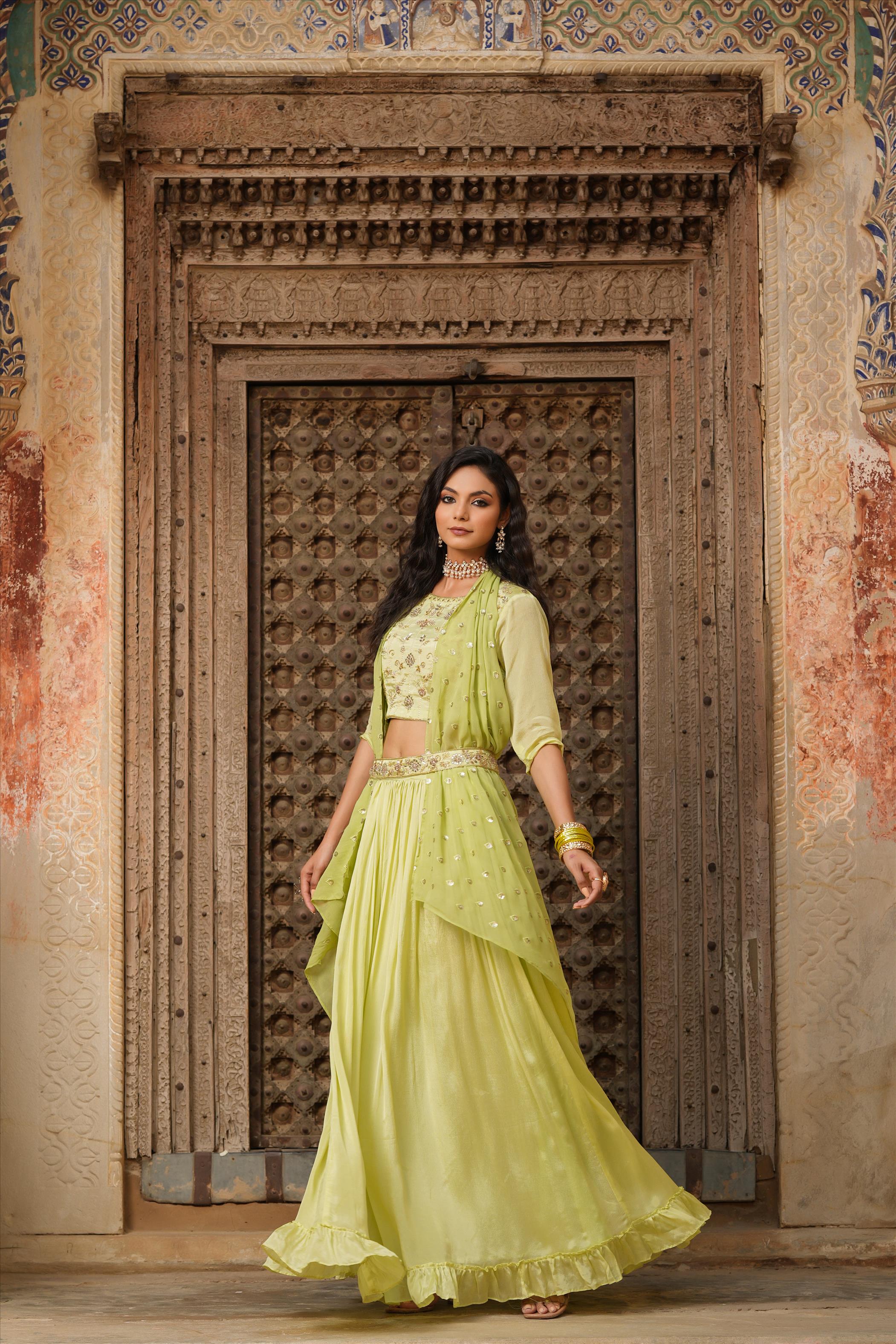 Flouroscent Green Chinon Silk Embellished Lehenga Choli Dupatta Belt Set