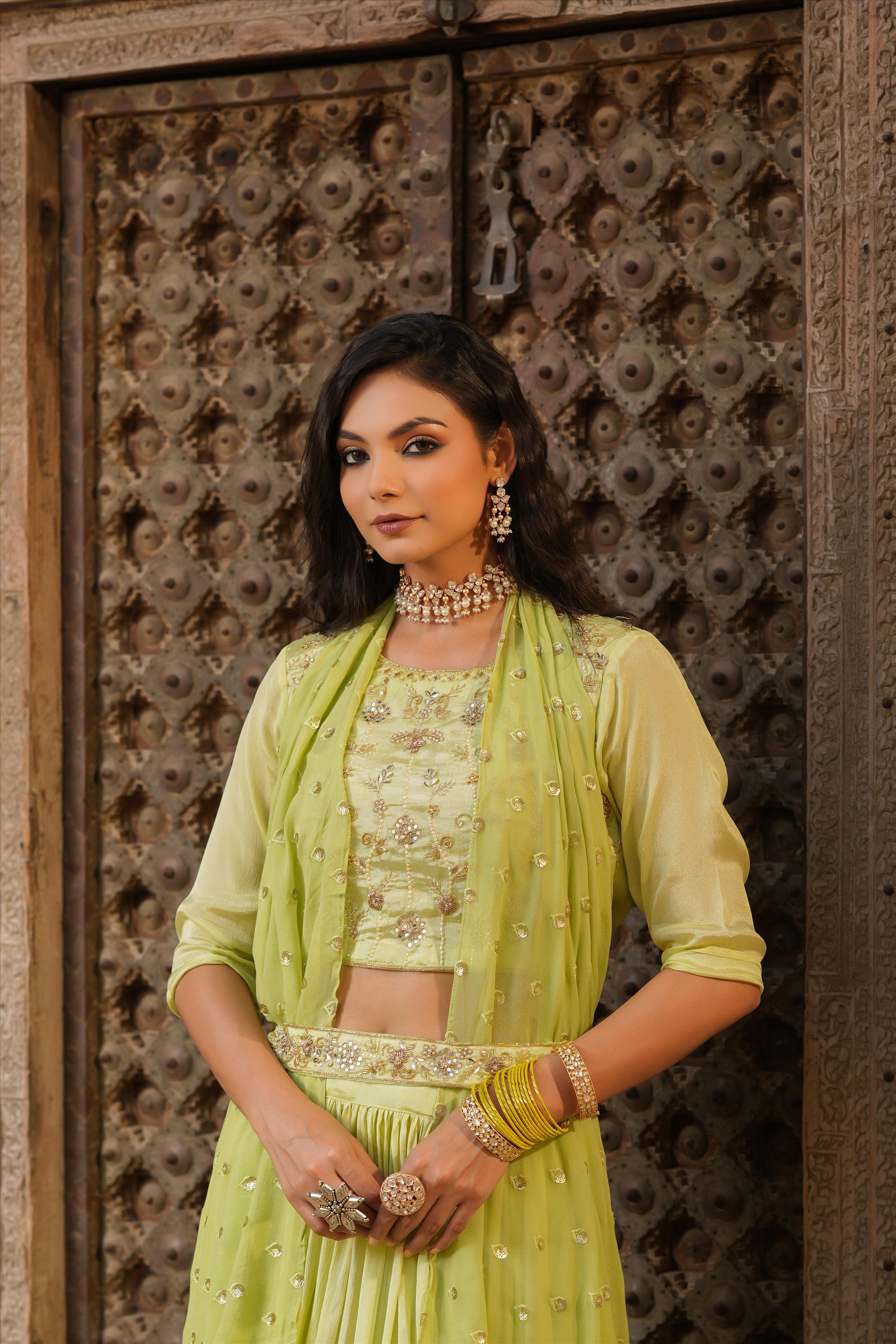 Flouroscent Green Chinon Silk Embellished Lehenga Choli Dupatta Belt Set