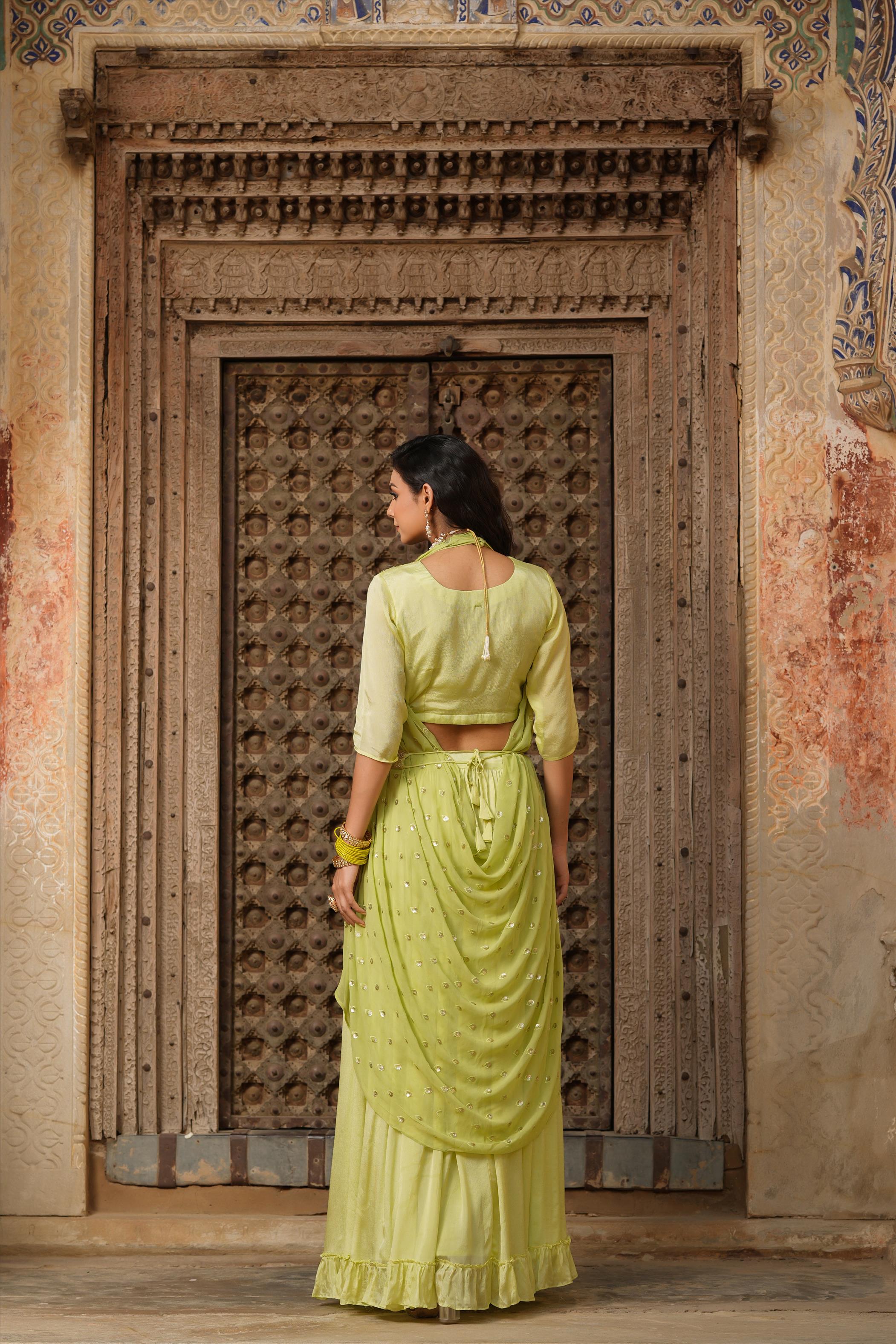 Flouroscent Green Chinon Silk Embellished Lehenga Choli Dupatta Belt Set