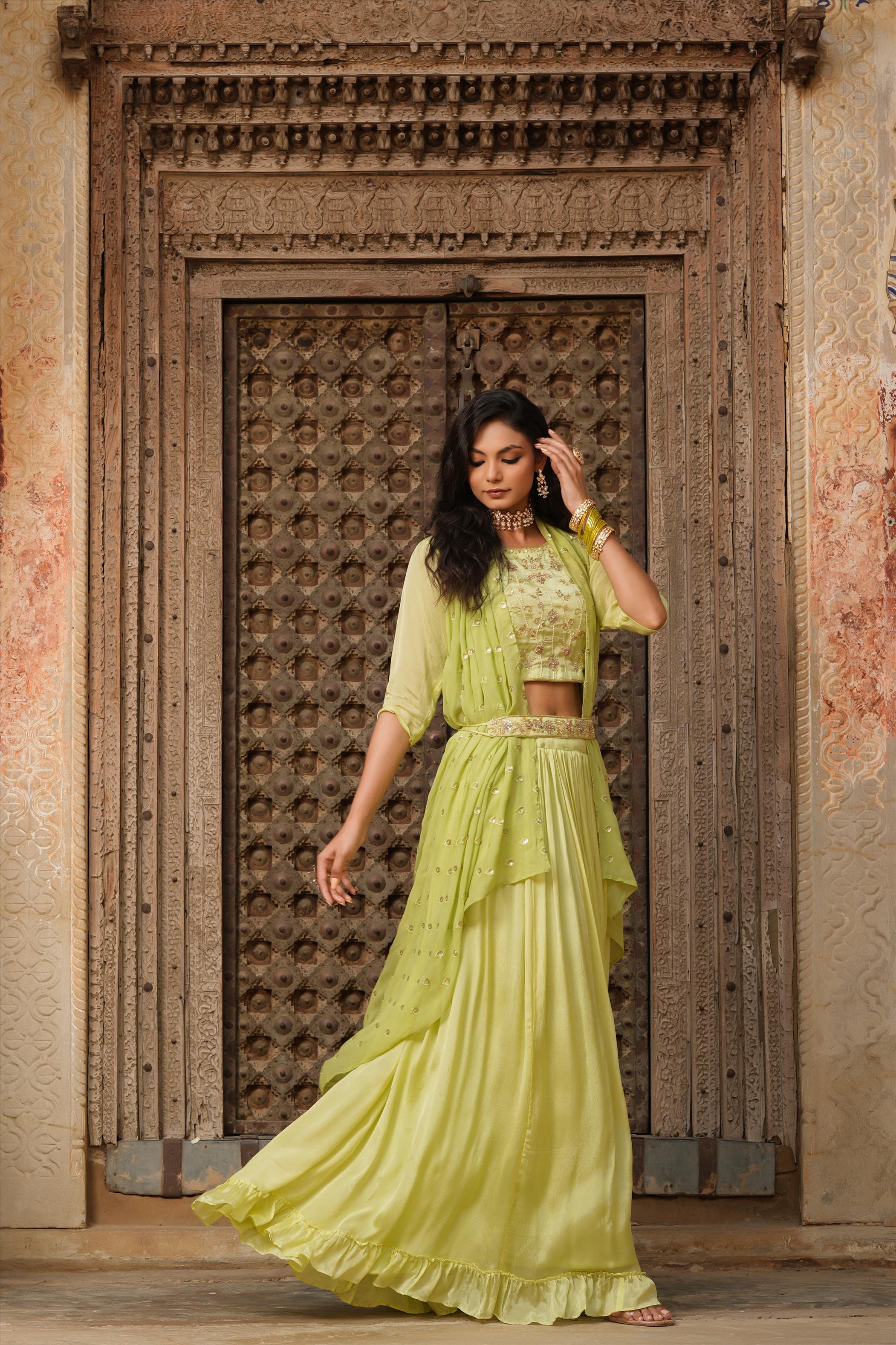 Flouroscent Green Chinon Silk Embellished Lehenga Choli Dupatta Belt Set