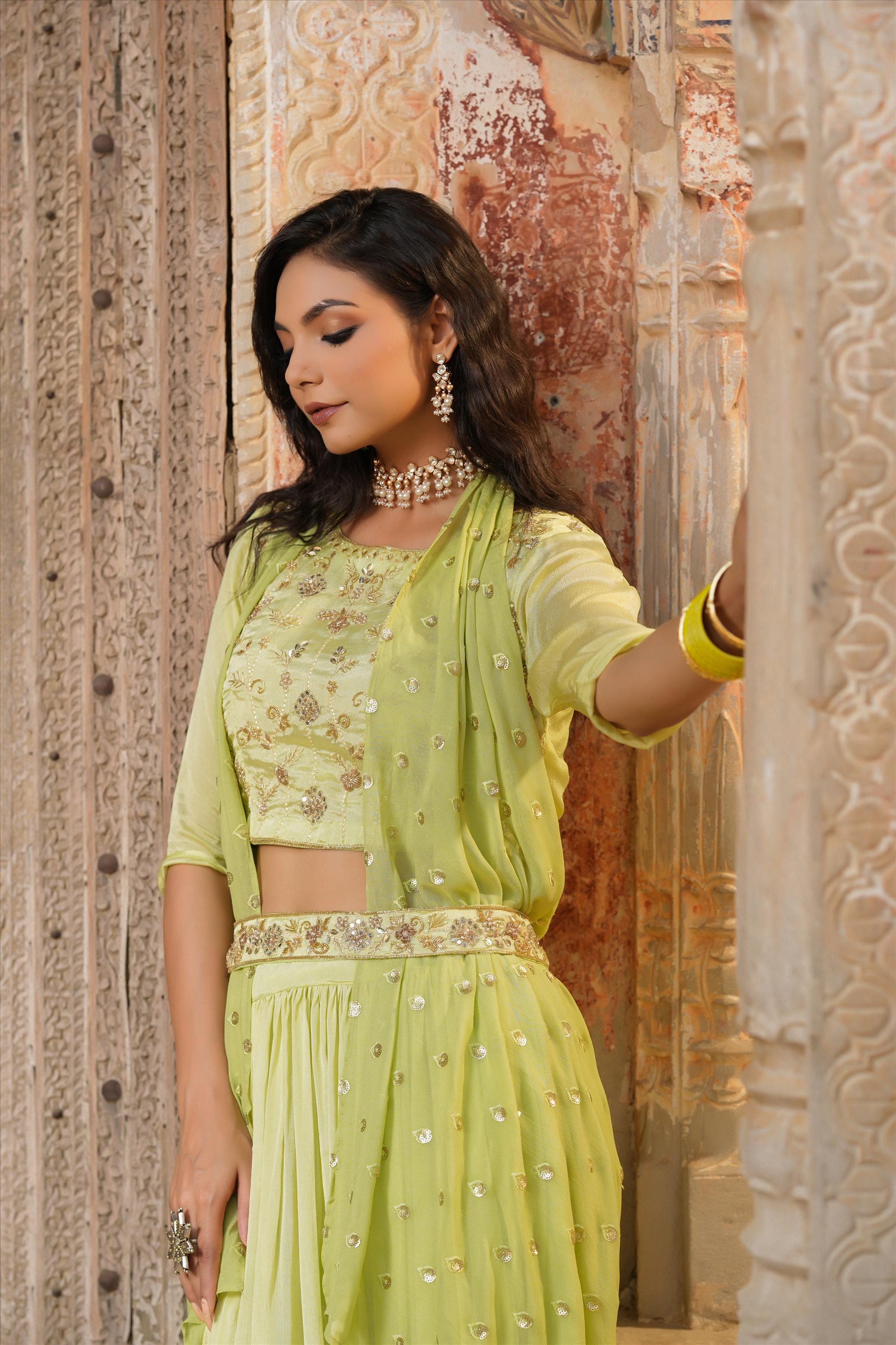 Flouroscent Green Chinon Silk Embellished Lehenga Choli Dupatta Belt Set