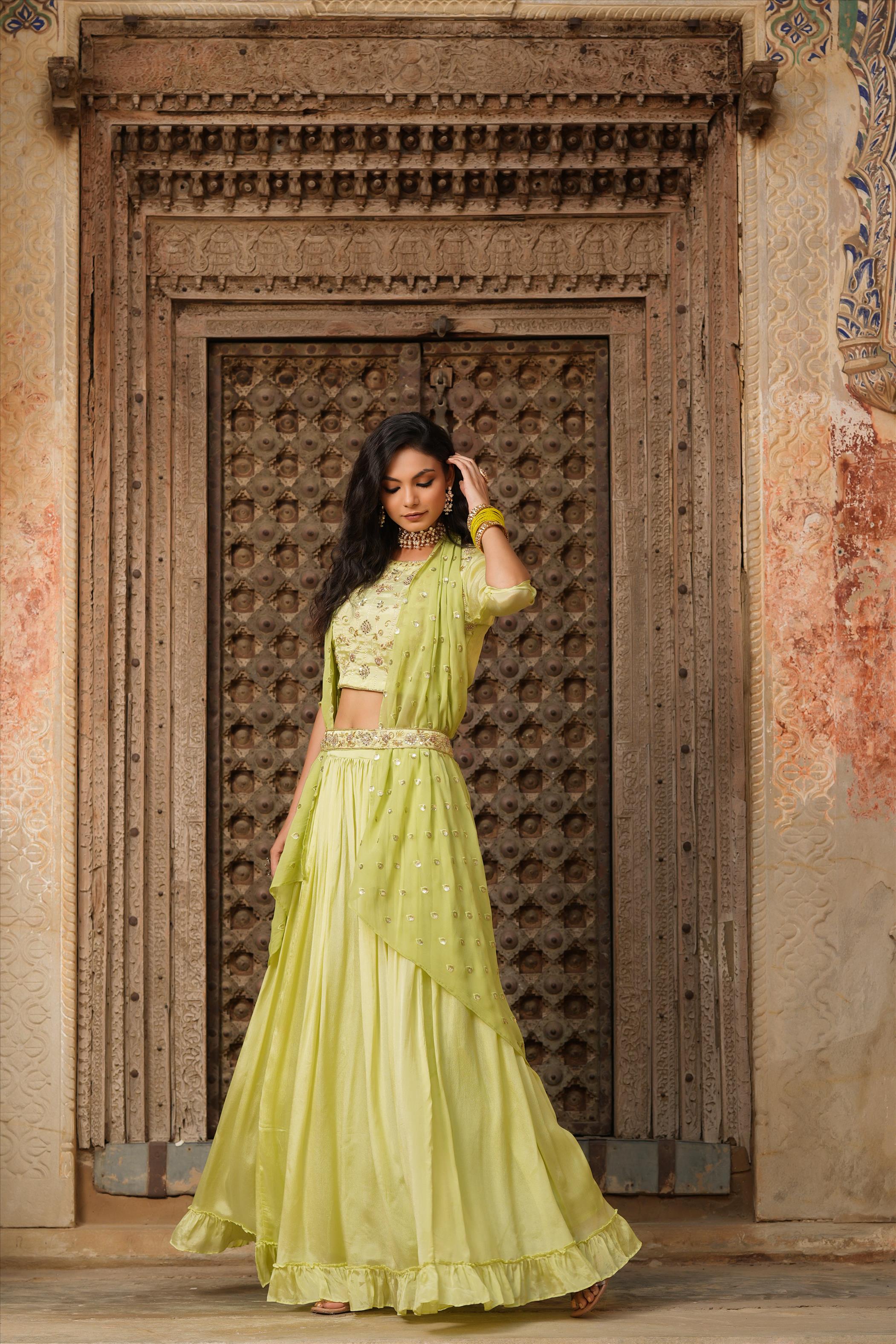 Flouroscent Green Chinon Silk Embellished Lehenga Choli Dupatta Belt Set