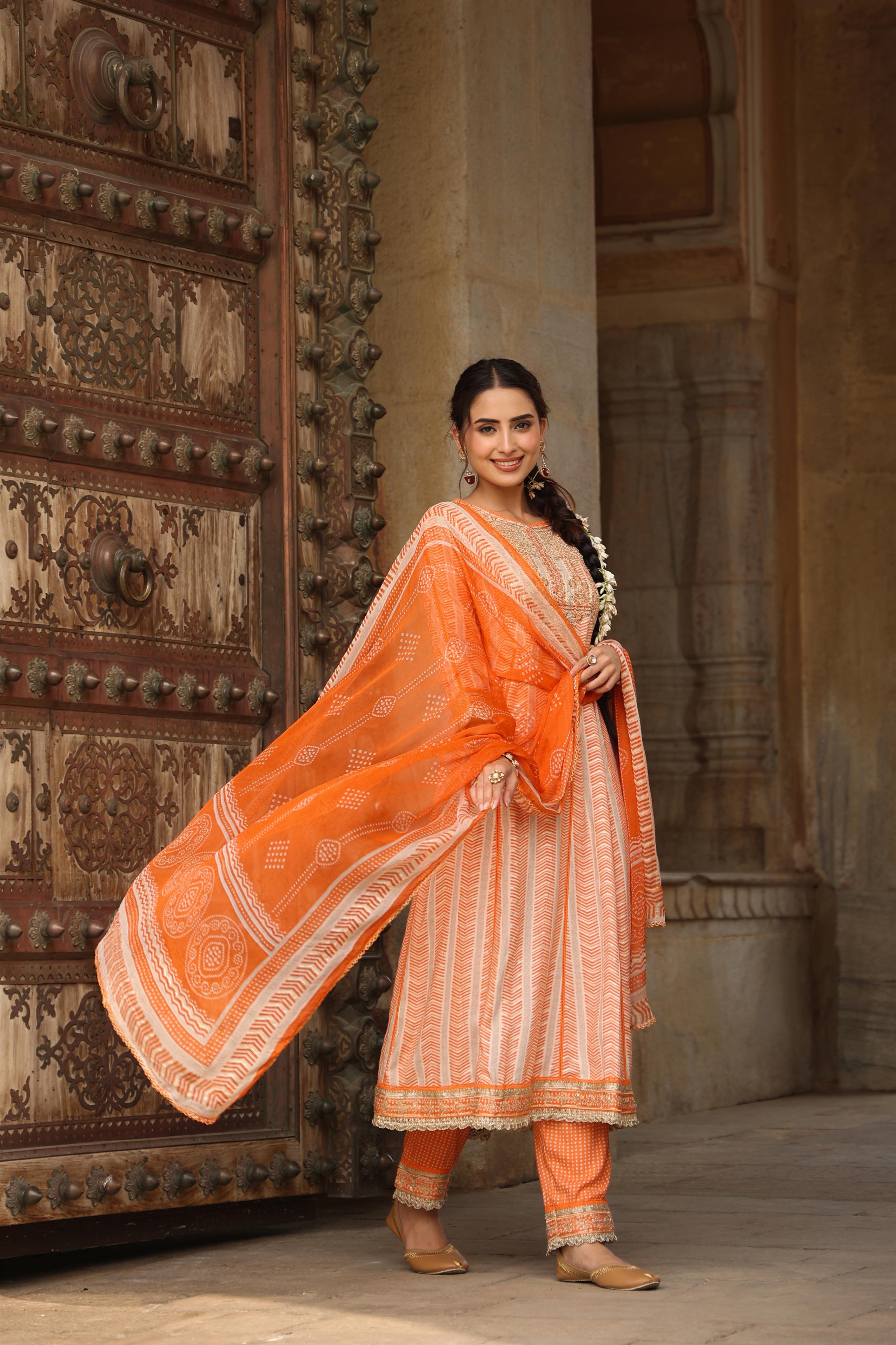 Orange Rayon Gota Patti Anarkali Pant Dupatta Suit Set With Potli