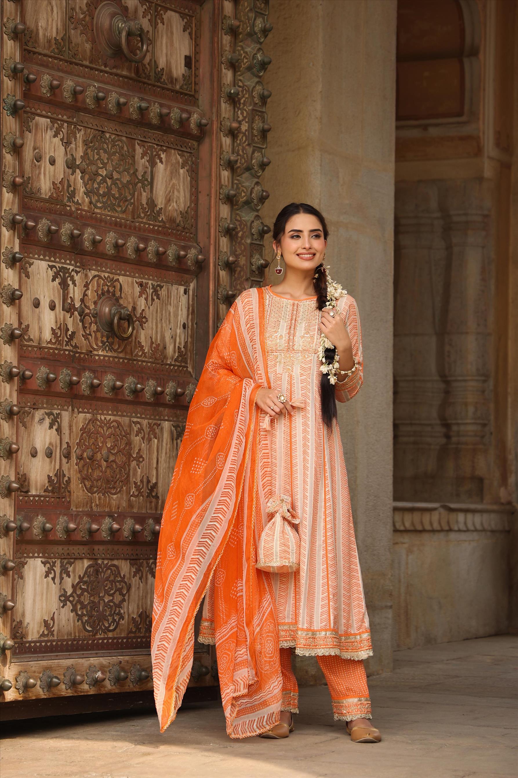 Orange Rayon Gota Patti Anarkali Pant Dupatta Suit Set With Potli