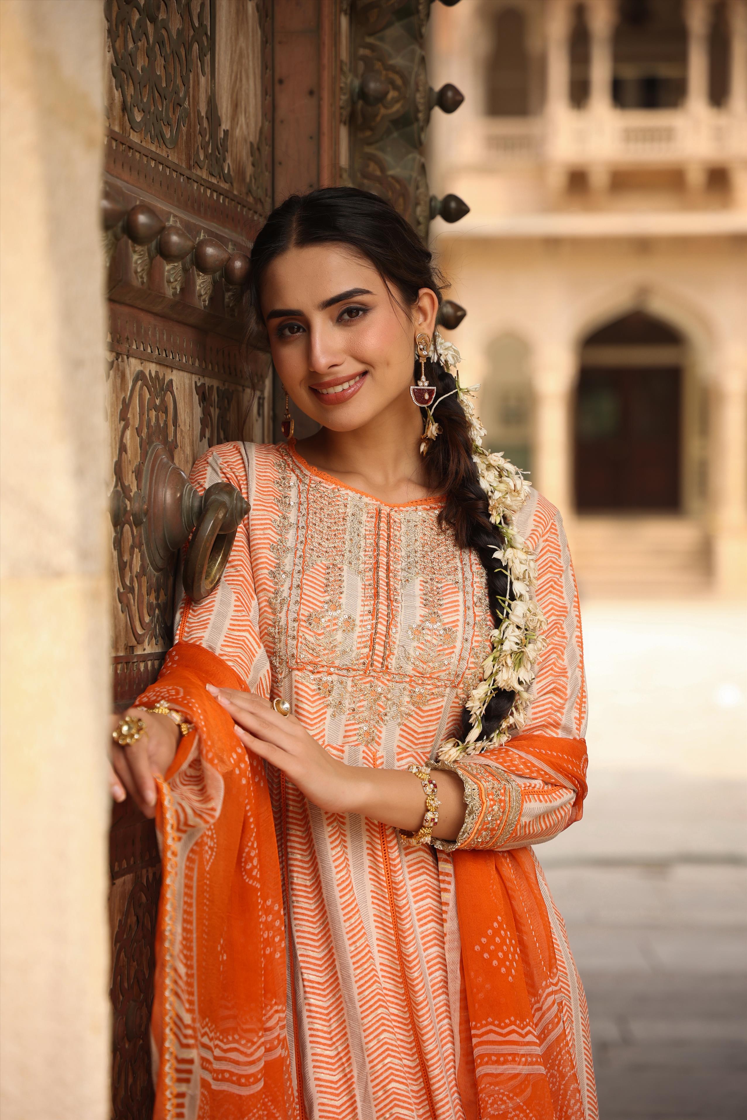 Orange Rayon Gota Patti Anarkali Pant Dupatta Suit Set With Potli