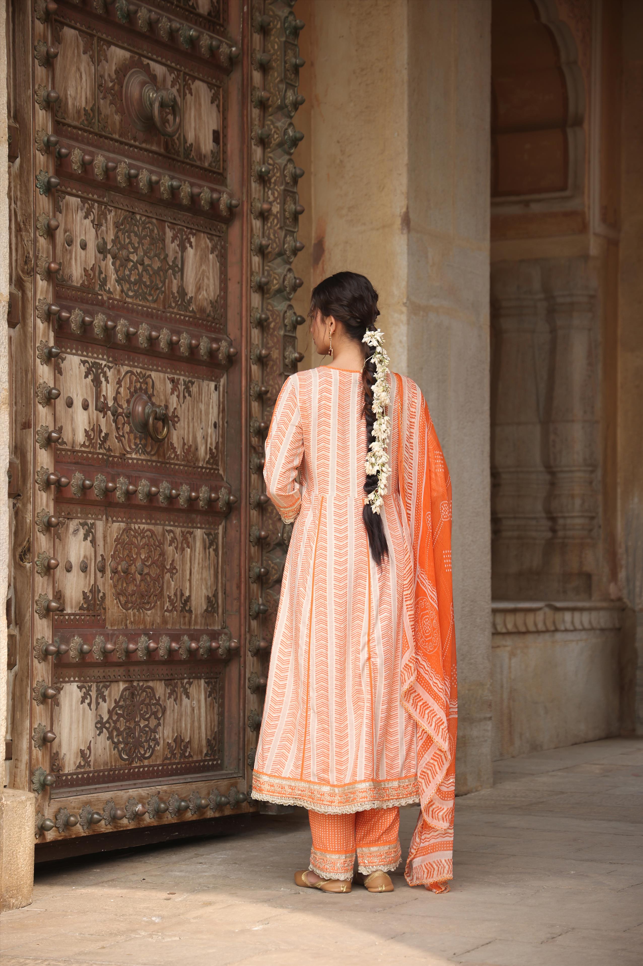 Orange Rayon Gota Patti Anarkali Pant Dupatta Suit Set With Potli