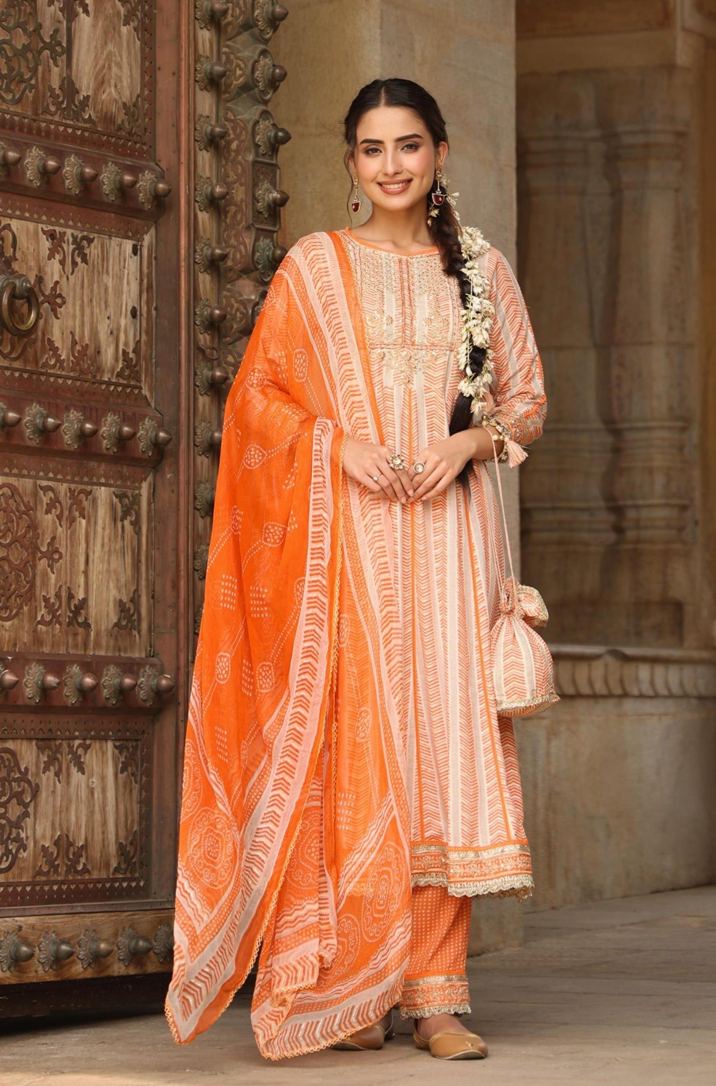 Orange Rayon Gota Patti Anarkali Pant Dupatta Suit Set With Potli