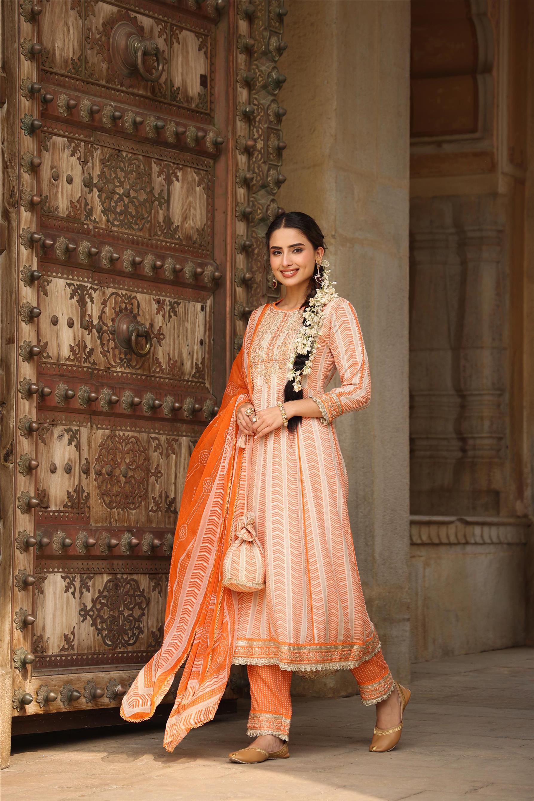 Orange Rayon Gota Patti Anarkali Pant Dupatta Suit Set With Potli