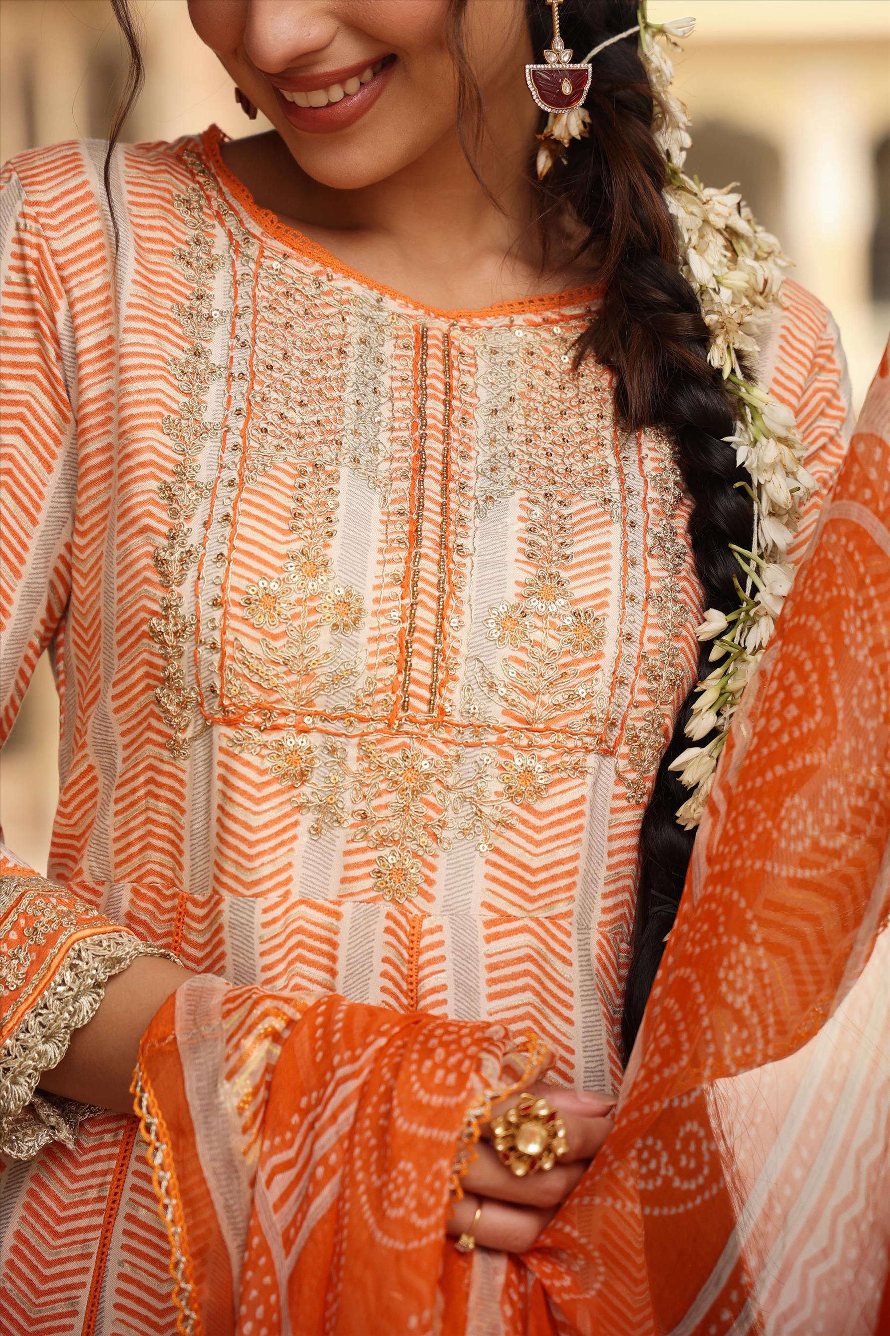 Orange Rayon Gota Patti Anarkali Pant Dupatta Suit Set With Potli