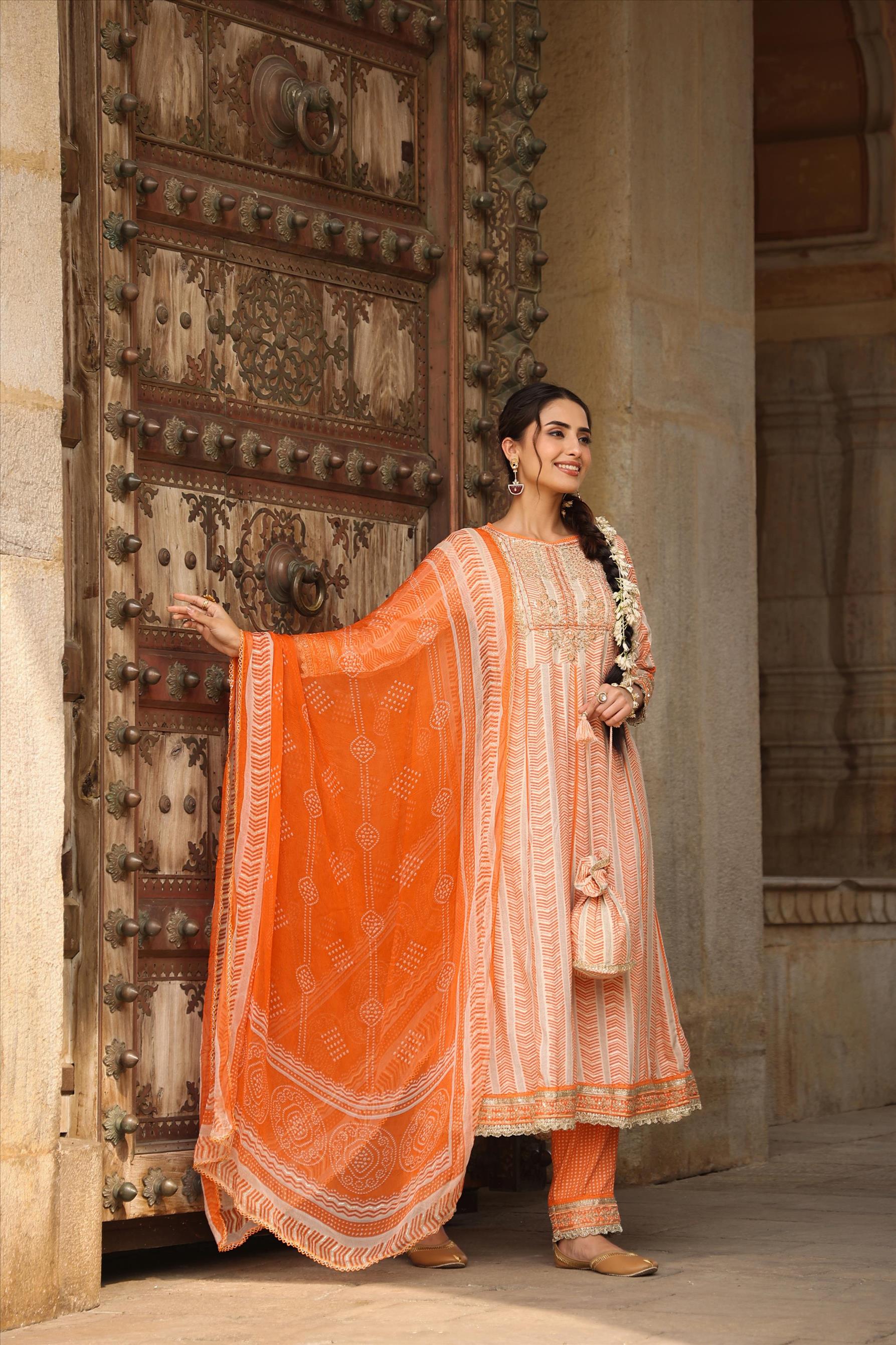 Orange Rayon Gota Patti Anarkali Pant Dupatta Suit Set With Potli