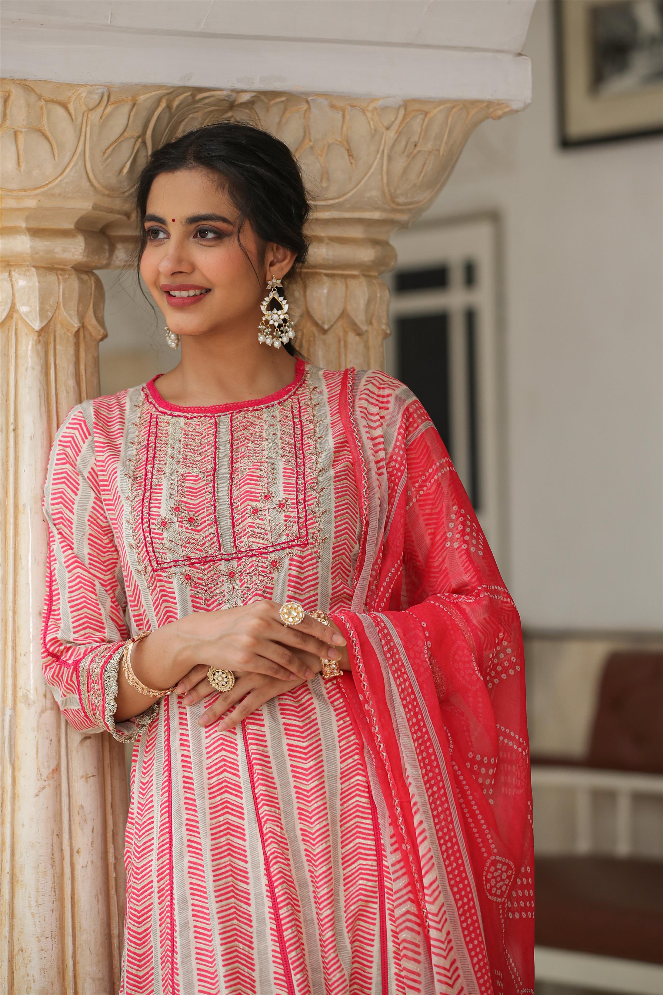 Pink German Rayon Gota Patti Anarkali Pant Dupatta Suit Set