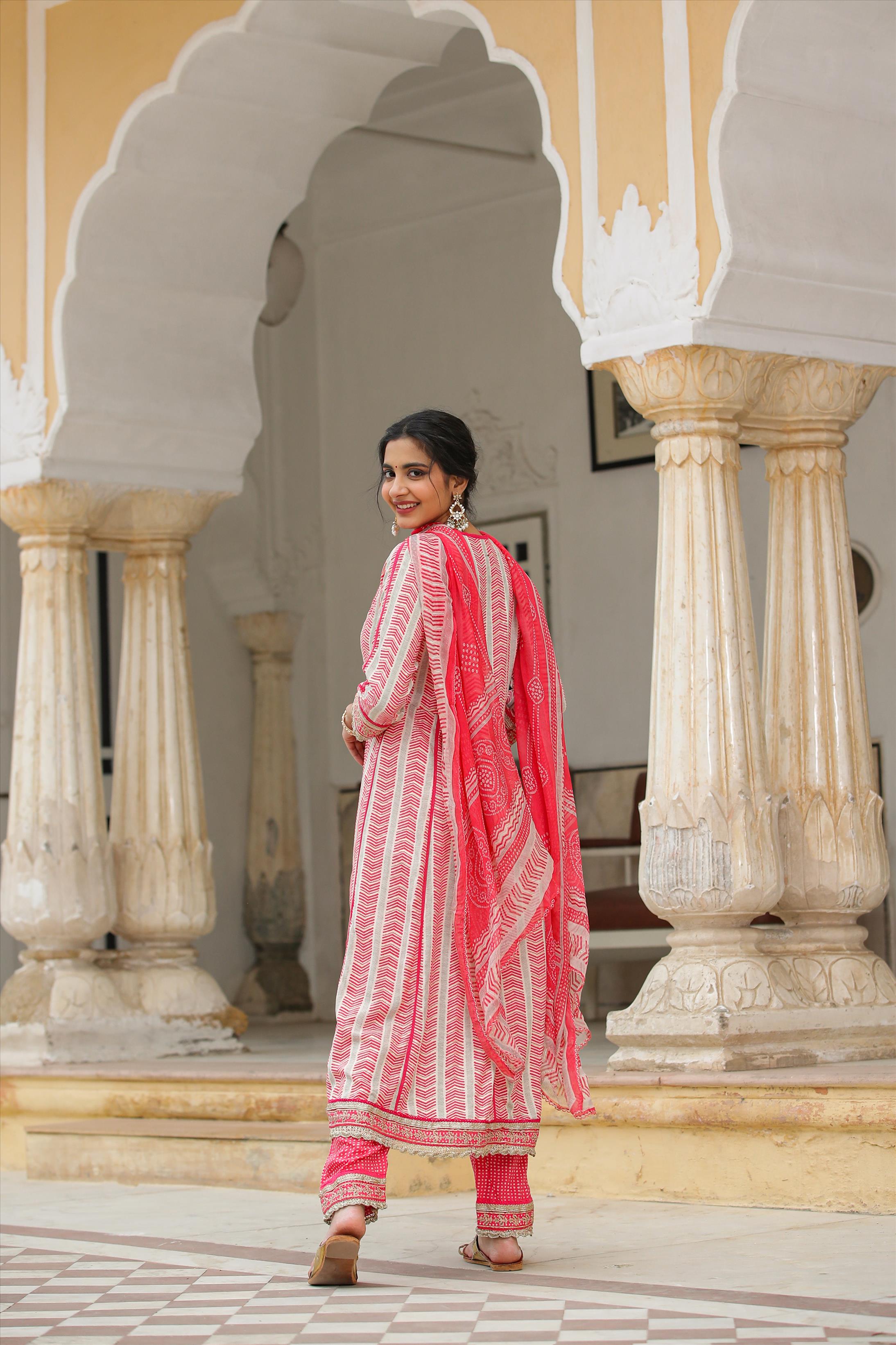 Pink German Rayon Gota Patti Anarkali Pant Dupatta Suit Set