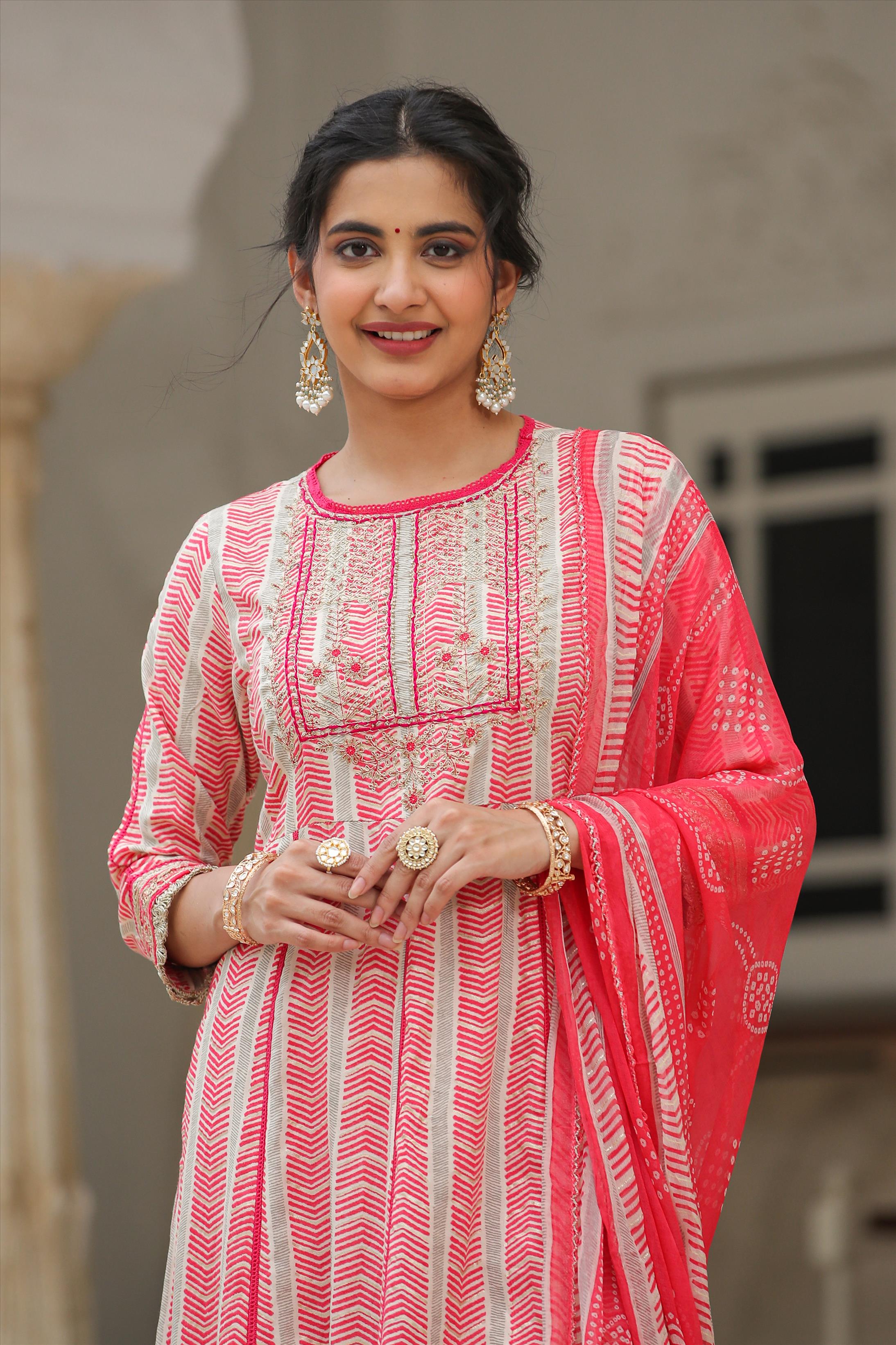 Pink German Rayon Gota Patti Anarkali Pant Dupatta Suit Set