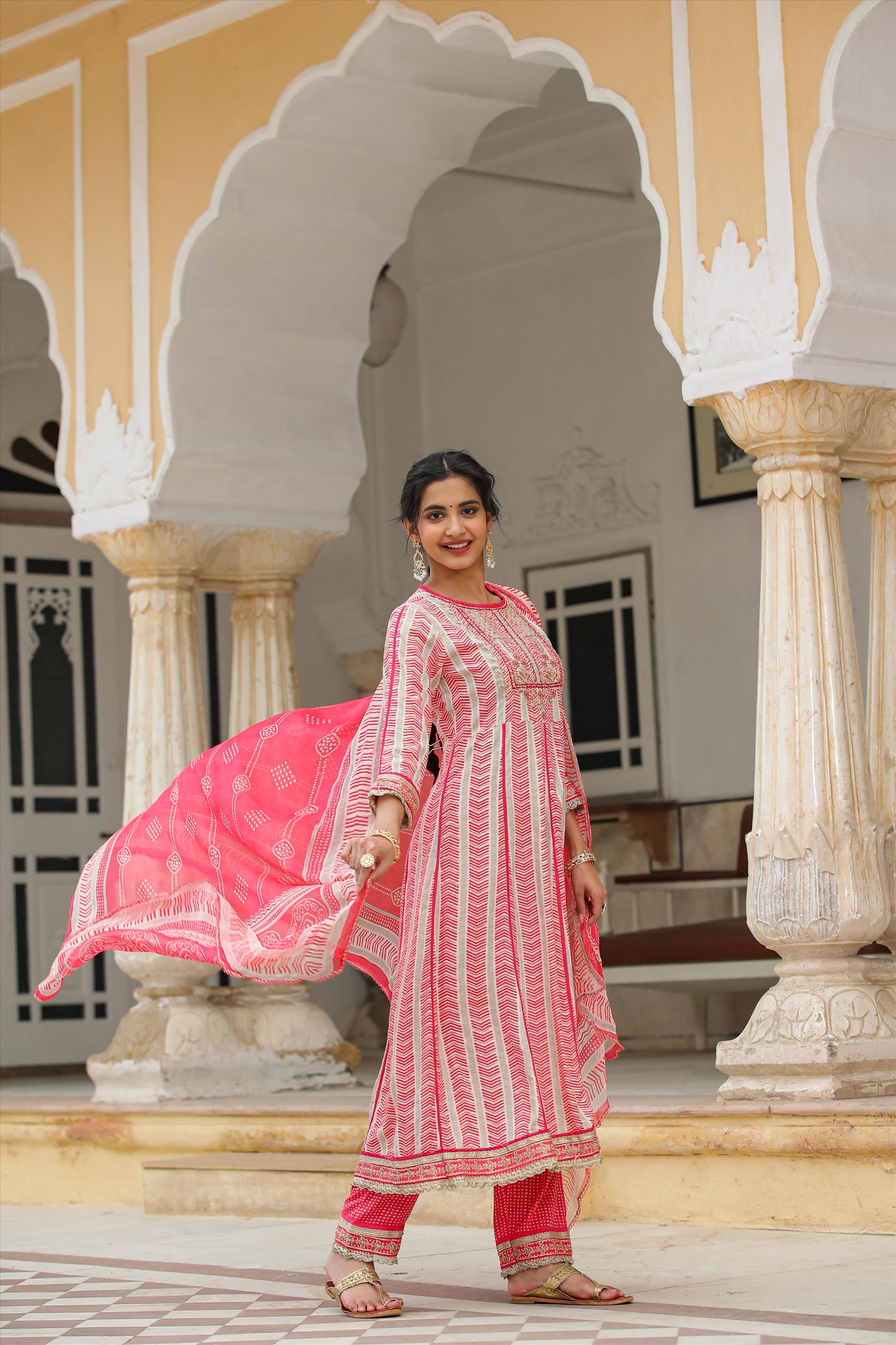 Pink German Rayon Gota Patti Anarkali Pant Dupatta Suit Set