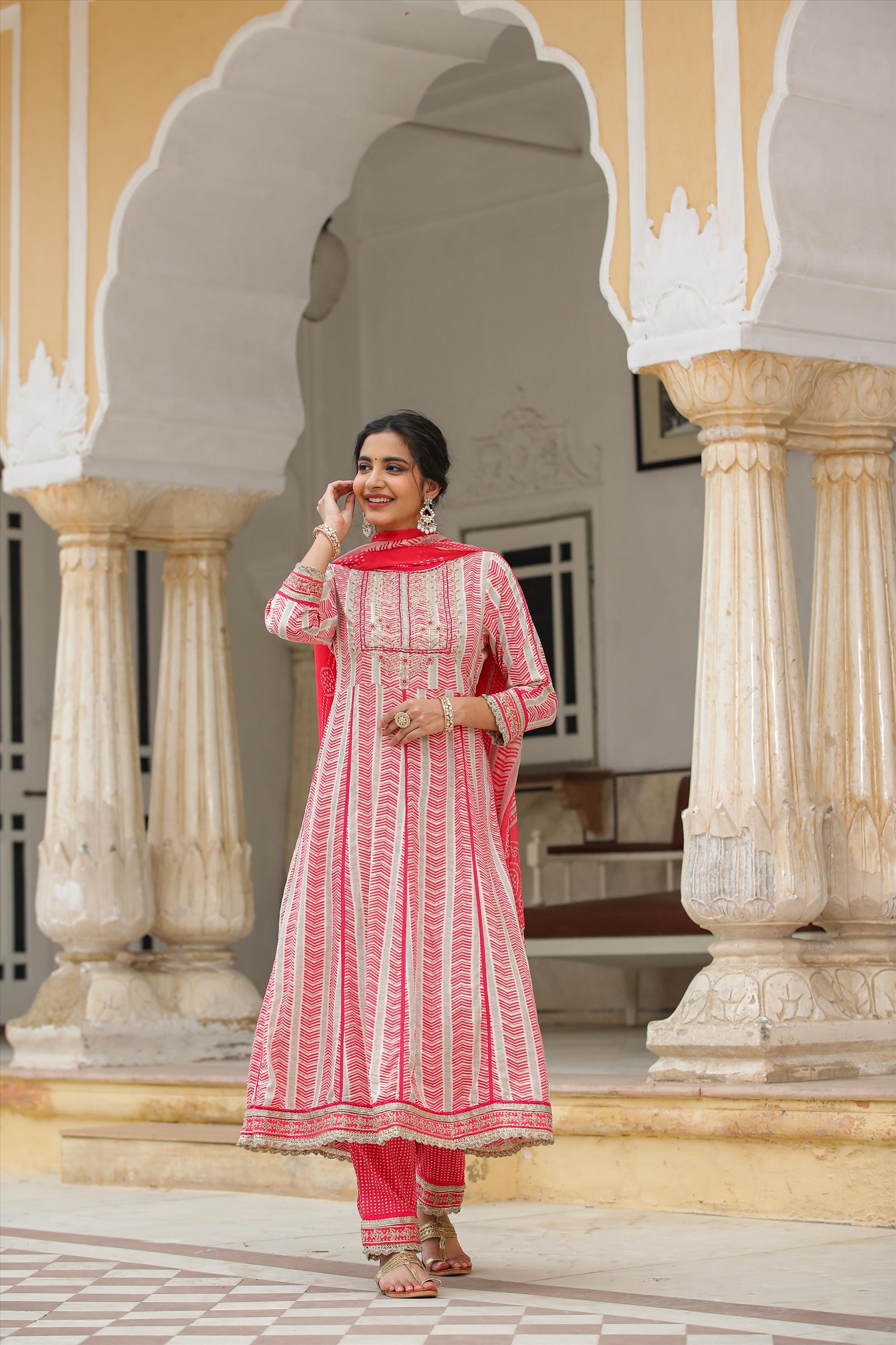 Pink German Rayon Gota Patti Anarkali Pant Dupatta Suit Set