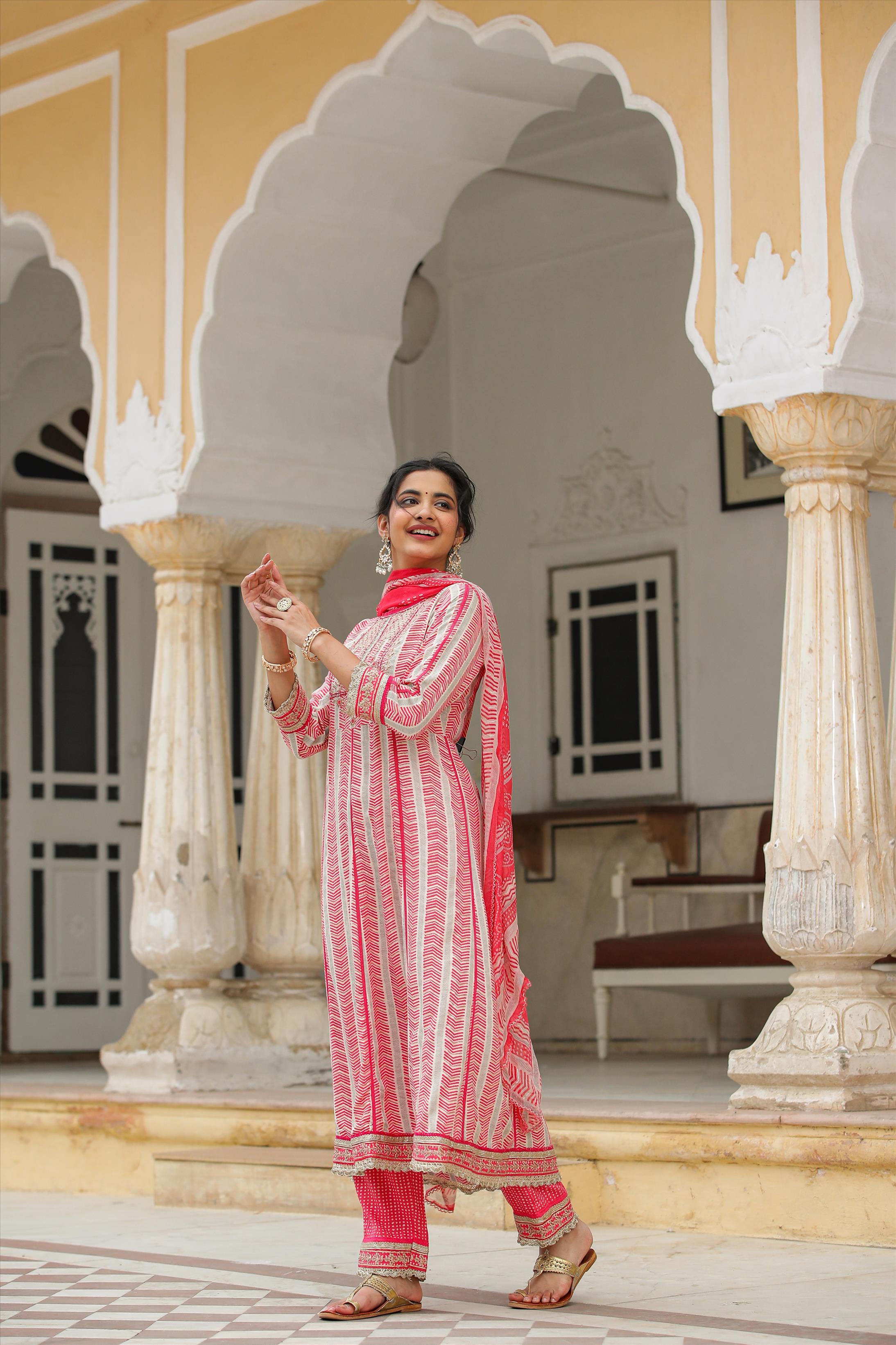 Pink German Rayon Gota Patti Anarkali Pant Dupatta Suit Set